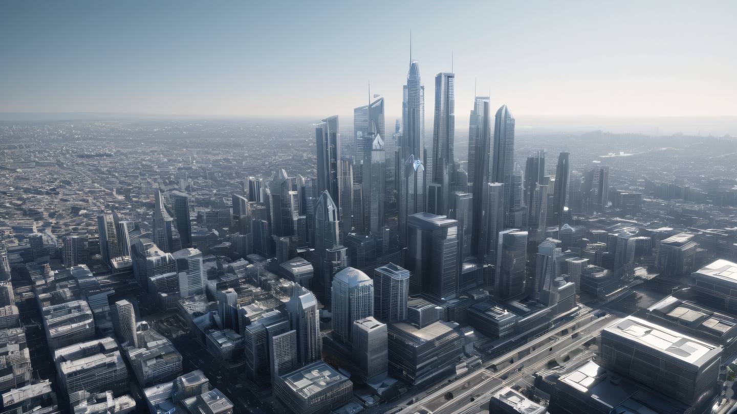 Crystalline city skyline with geometric shapes and reflective surfaces in silver and metallic tones photographed from a diagonal aerial view high-quality ultra-realistic cinematic 8K UHD high resolution sharp and detail