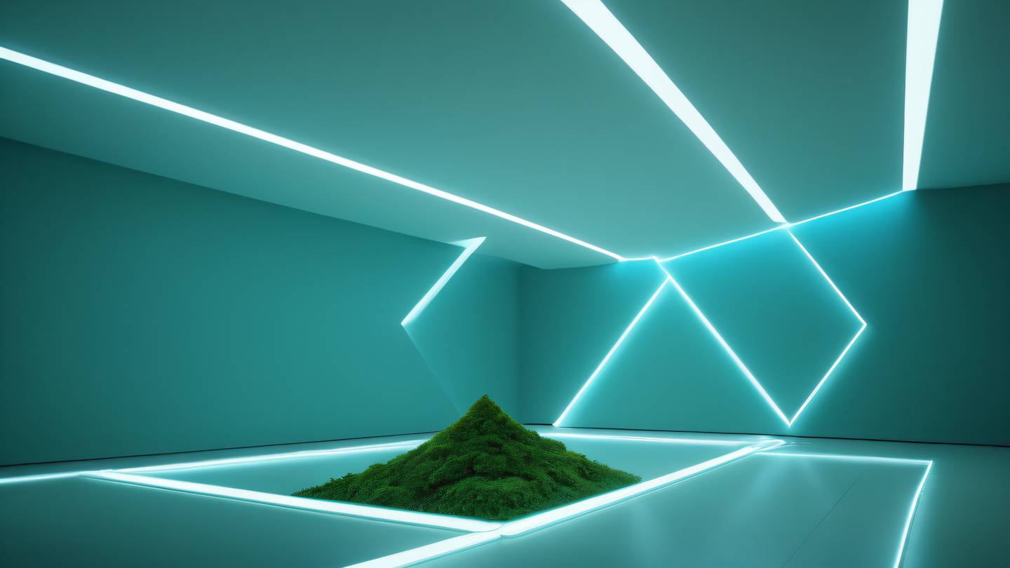 Modern minimalist interior with floating geometric shapes and light beams featuring turquoise blue and fresh moss green colors shot from a low angle perspective with dramatic lighting high-quality ultra-realistic cinematic 8K UHD high resolution sharp and detail