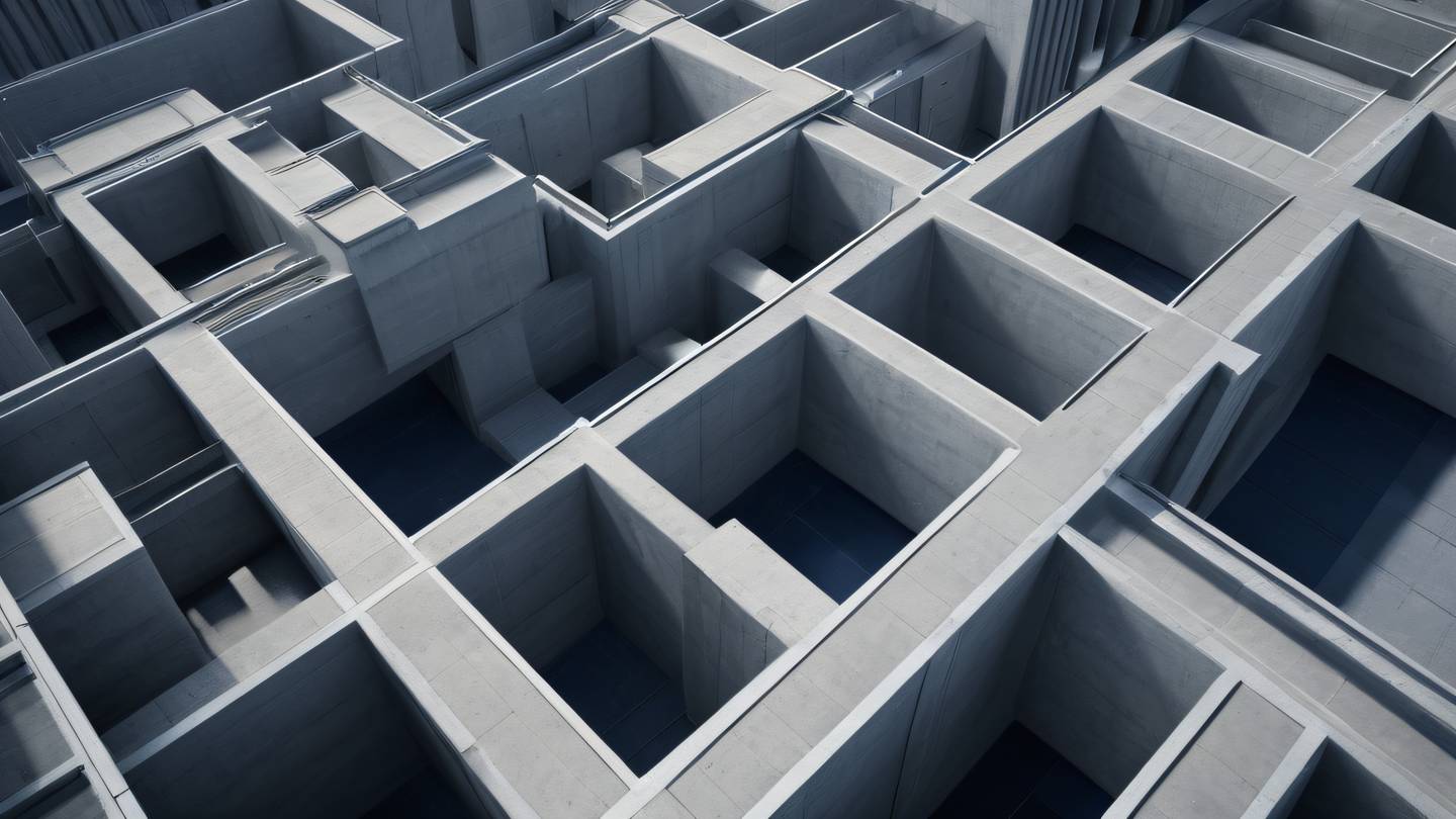 Abstract architectural composition with interconnected geometric shapes floating in space with navy blue and concrete gray tones photographed from a bird's eye view high-quality ultra-realistic cinematic 8K UHD high resolution sharp and detail