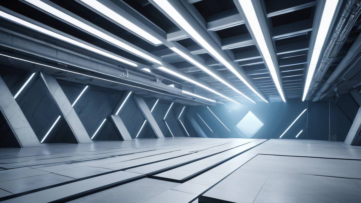 Clean industrial design space with floating white geometric patterns and light beams dusty blue and black color scheme captured from a diagonal perspective high-quality ultra-realistic cinematic 8K UHD high resolution sharp and detail