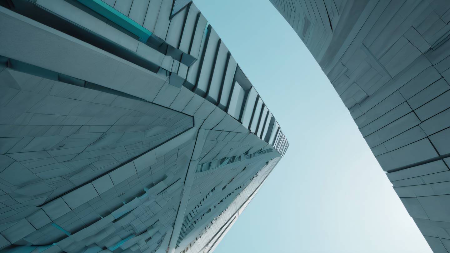 Minimalist architectural structure with clean lines and floating elements featuring gray and turquoise blue colors shot from an upward angle showing depth and dimension high-quality ultra-realistic cinematic 8K UHD high resolution sharp and detail