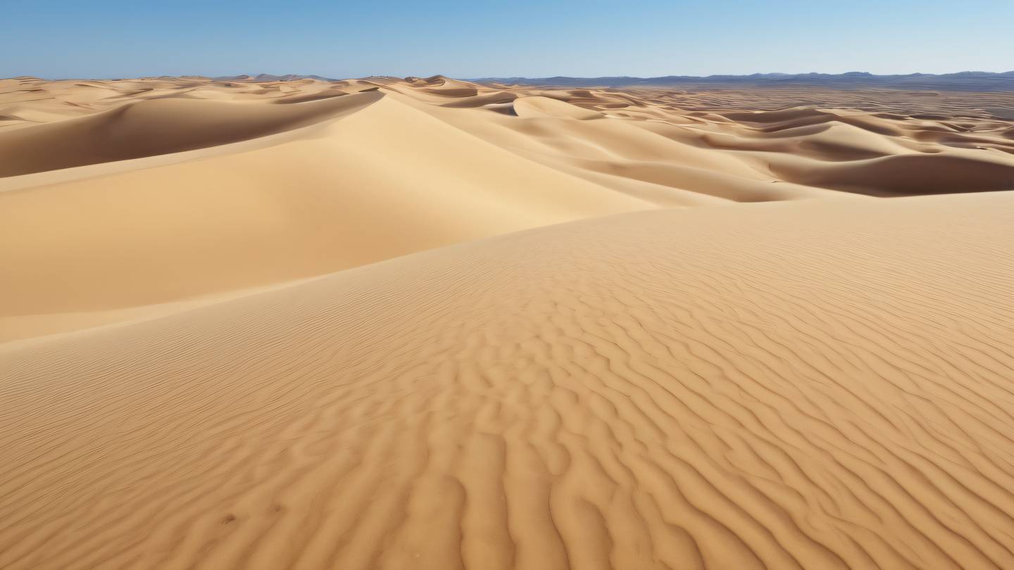 Minimalist landscape of rolling sand dunes with gentle curves and ripples warm earth tones of beige and soft yellow against clear blue sky captured from drone perspective high-quality ultra-realistic cinematic 8K UHD high resolution sharp and detail