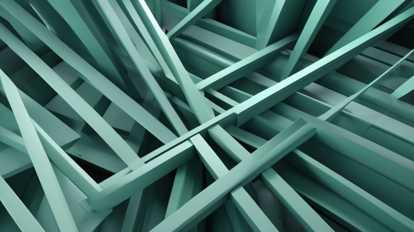 Abstract geometric composition of intersecting planes and lines sage green and cool gray tones with accents of bright cyan creating a sense of depth and structure shot from 45-degree angle high-quality ultra-realistic cinematic 8K UHD high resolution sharp and detail