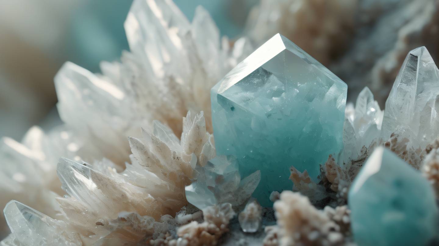 Close-up of natural crystal formations with layered patterns featuring neutral tones of ivory and soft browns with touches of aqua blue crystalline structures catching light macro perspective high-quality ultra-realistic cinematic 8K UHD high resolution sharp and detail