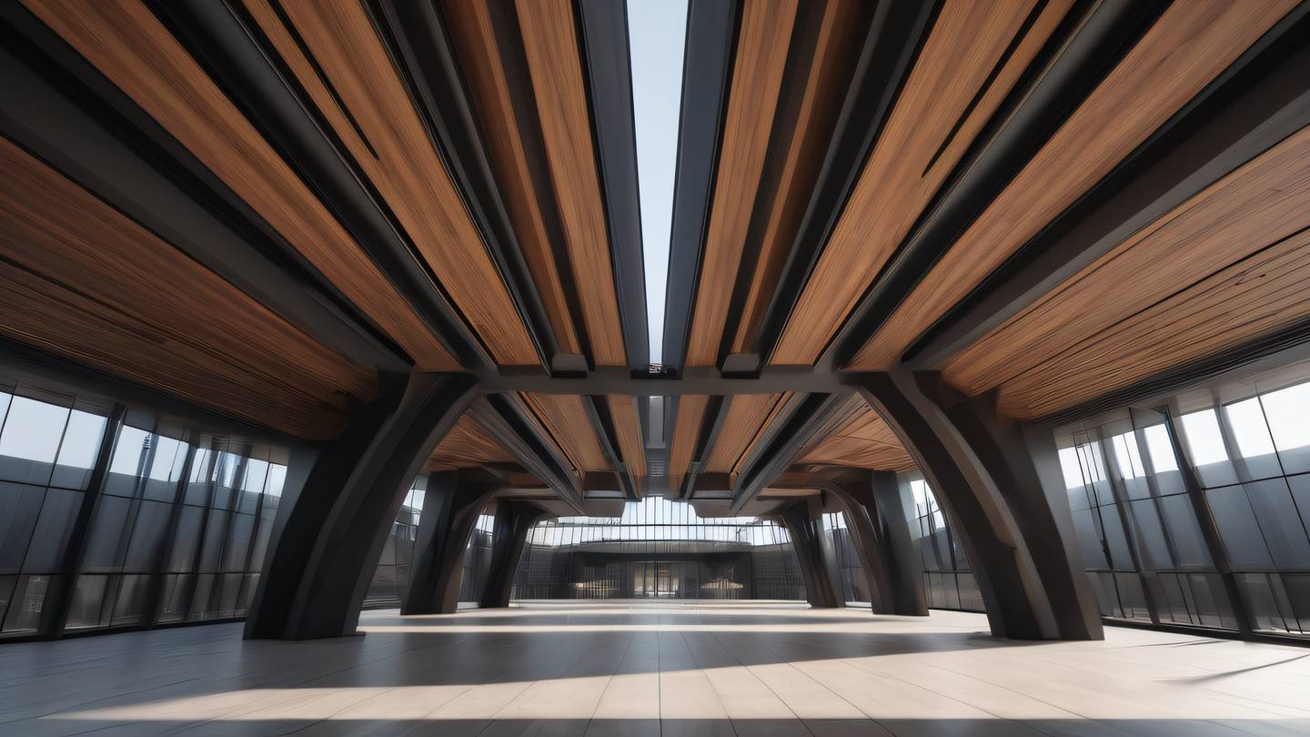 An architectural structure with clean lines and geometric patterns featuring walnut brown and iron grey tones. The structure has layered elements creating depth and shadows. Camera angle: Wide angle perspective shot showing the full structure's symmetry high-quality ultra-realistic cinematic 8K UHD high resolution sharp and detail