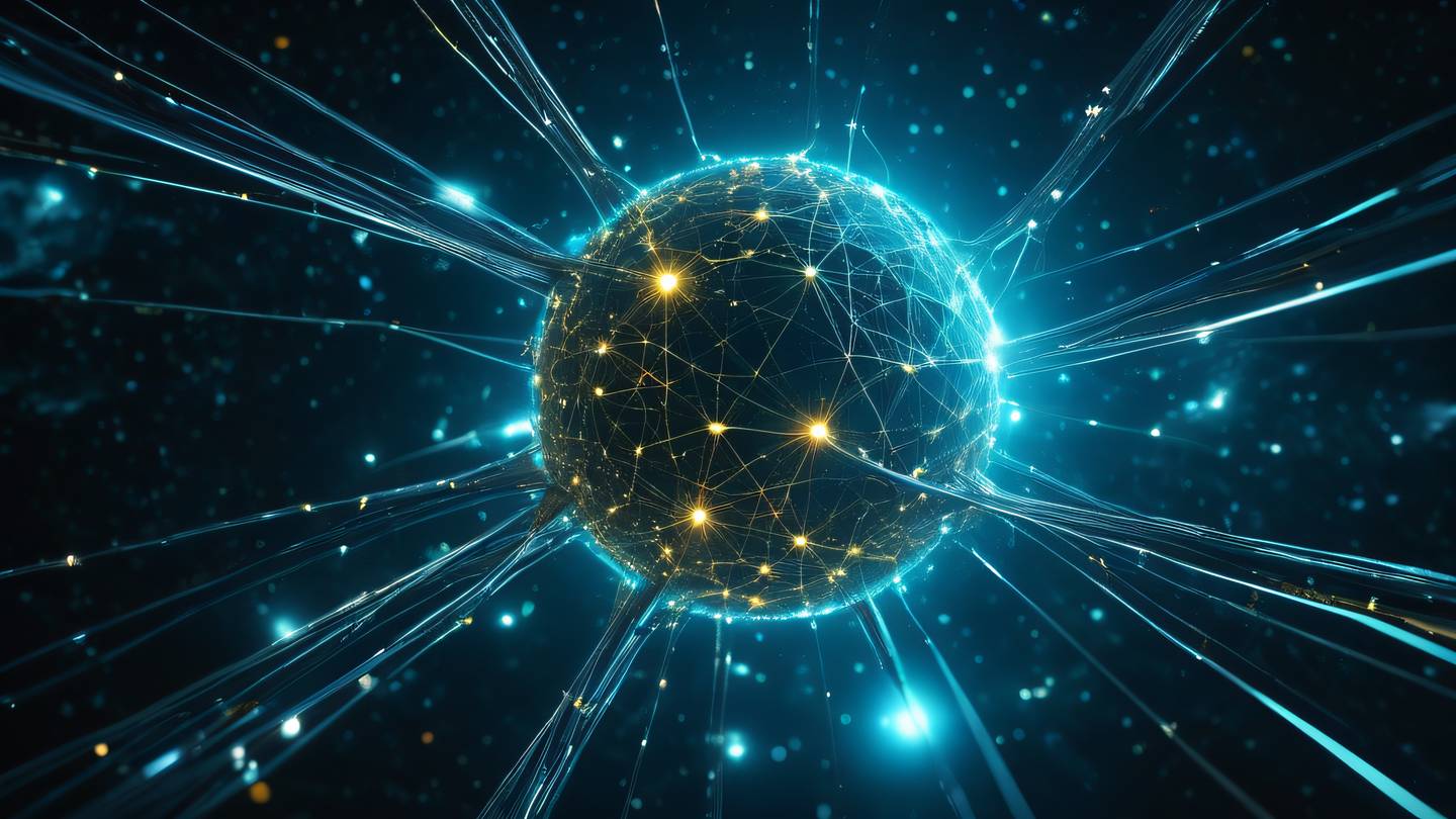 A futuristic digital network web structure floating in space interconnected nodes glowing with bright cyan and gold energy streams flowing between them shot from below looking up ultra-realistic cinematic 8K high resolution sharp detail