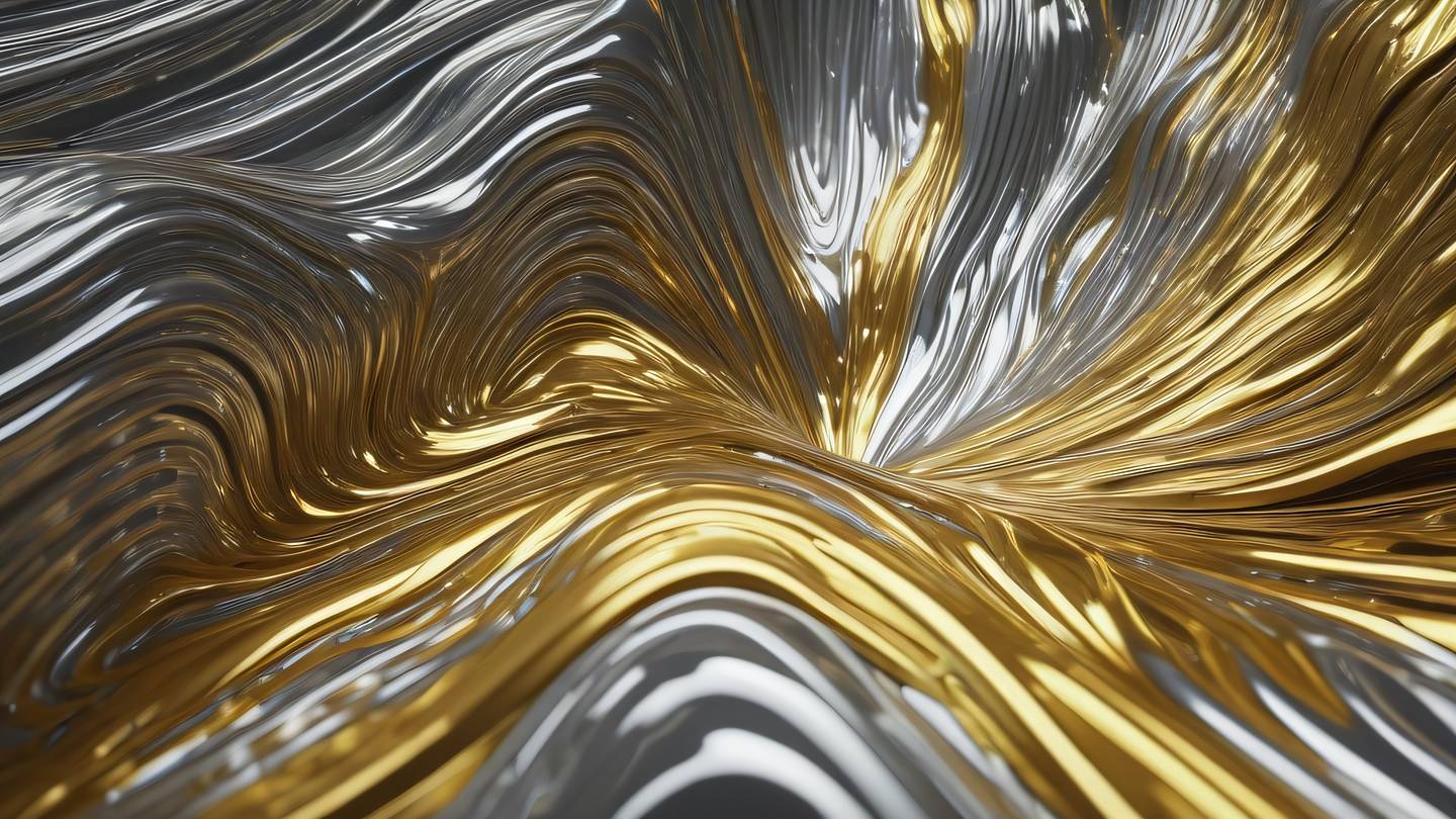Dynamic flowing liquid metal streams in bright gold and silver colors moving through an abstract architectural space photographed from a diagonal top-down view high-quality ultra-realistic cinematic 8K UHD