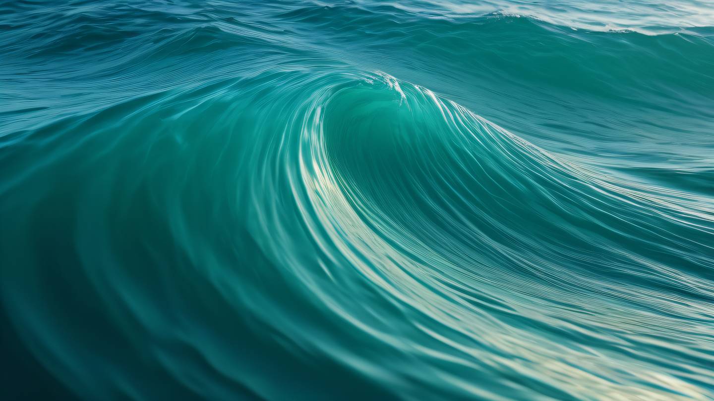 Organic abstract wave formation with smooth curves and flowing lines in bright teal and emerald colors against a deep ocean background captured from a side perspective high-quality ultra-realistic cinematic 8K UHD