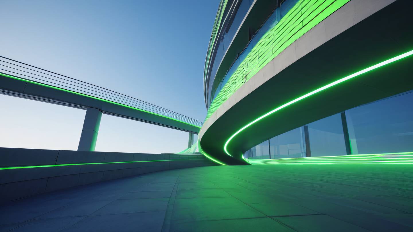 Modern minimalist architecture with clean geometric lines and flowing curves featuring interplaying levels and bridges in fluorescent green and indigo photographed from a low angle perspective emphasizing vertical lines high-quality ultra-realistic cinematic 8K UHD high resolution sharp and detail