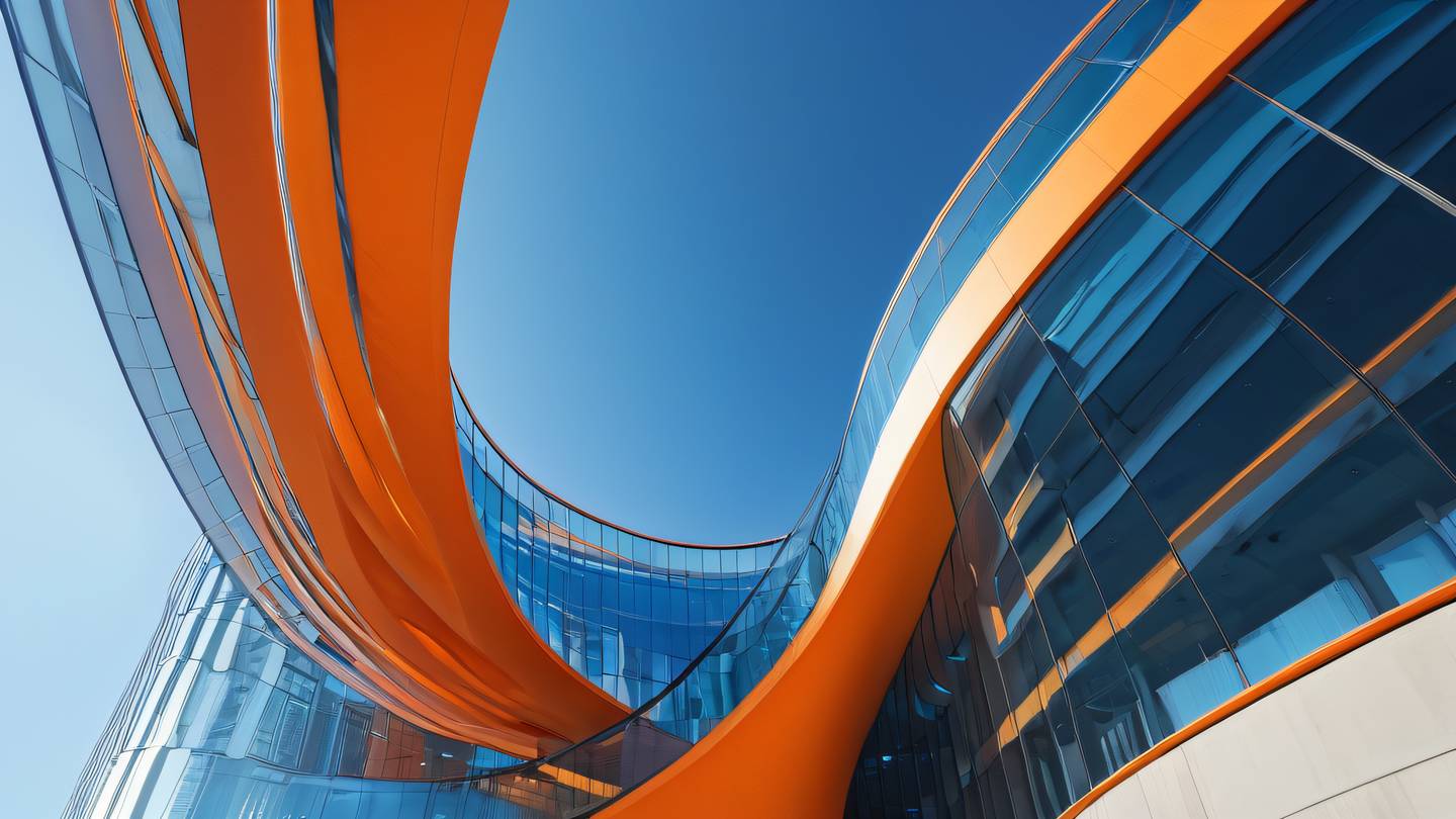 Modern abstract architectural curves and lines forming a flowing composition featuring bright orange and blue gradient tones photographed from an upward angle with soft natural lighting ultra-realistic 8K UHD high-quality architectural photography