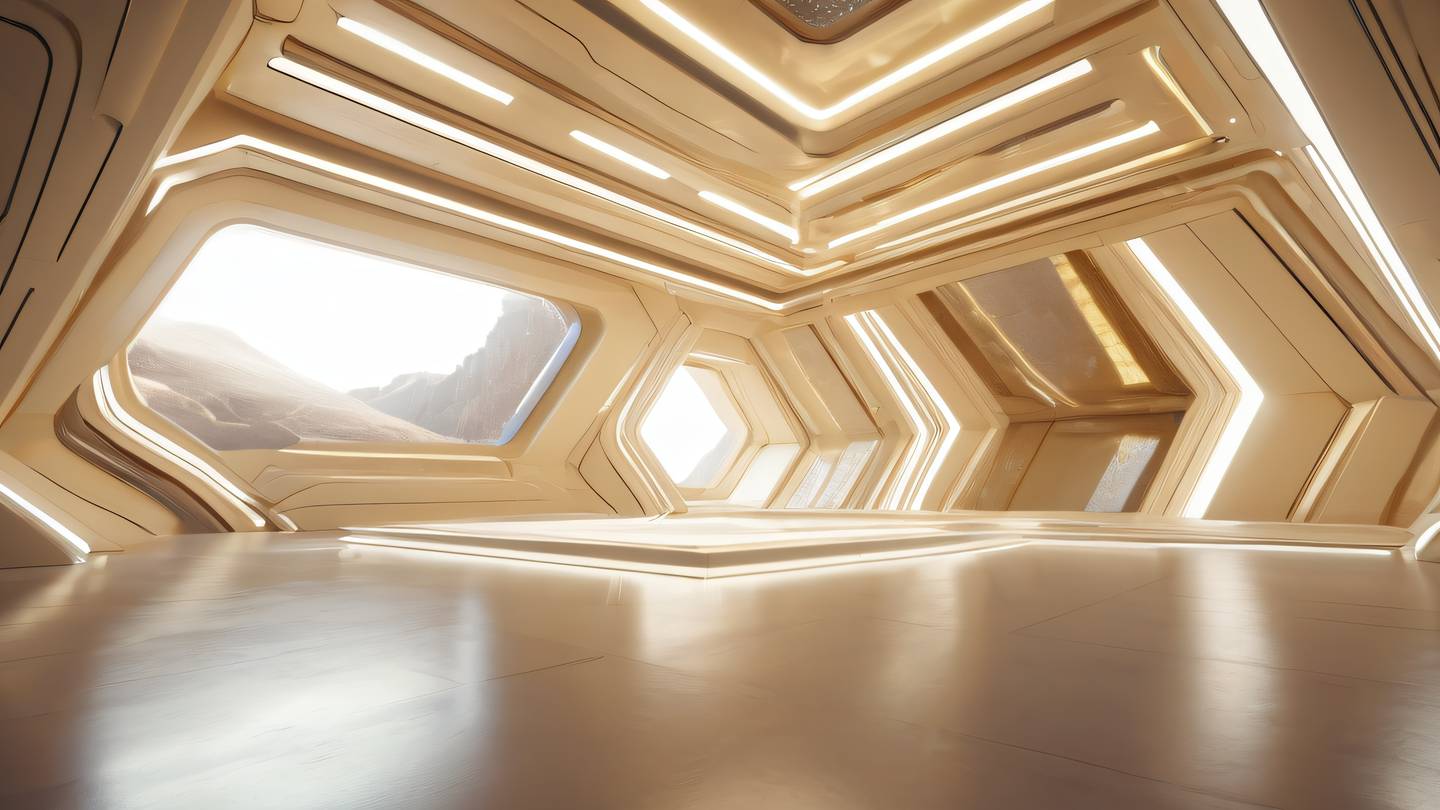 Futuristic interior space with iridescent metallic surfaces reflecting light clean architectural lines floating geometric elements bright creamy and golden tones ultra-realistic materials cinematic atmosphere 8K UHD captured from a low angle perspective