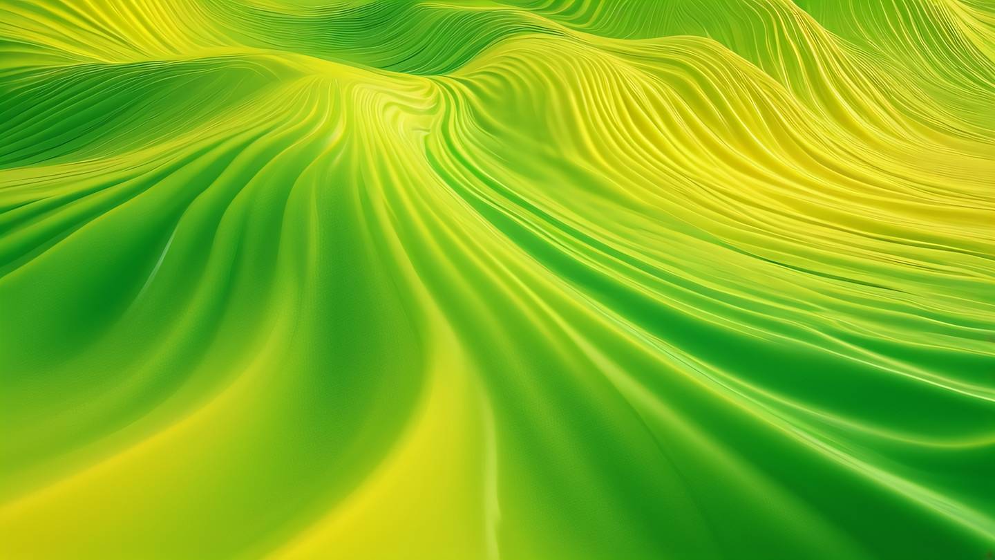 Abstract fluid shapes resembling waves in motion bright sunshine yellow and fluorescent green gradients swirling together captured from above perspective high-quality ultra-realistic cinematic 8K UHD high resolution sharp and detail
