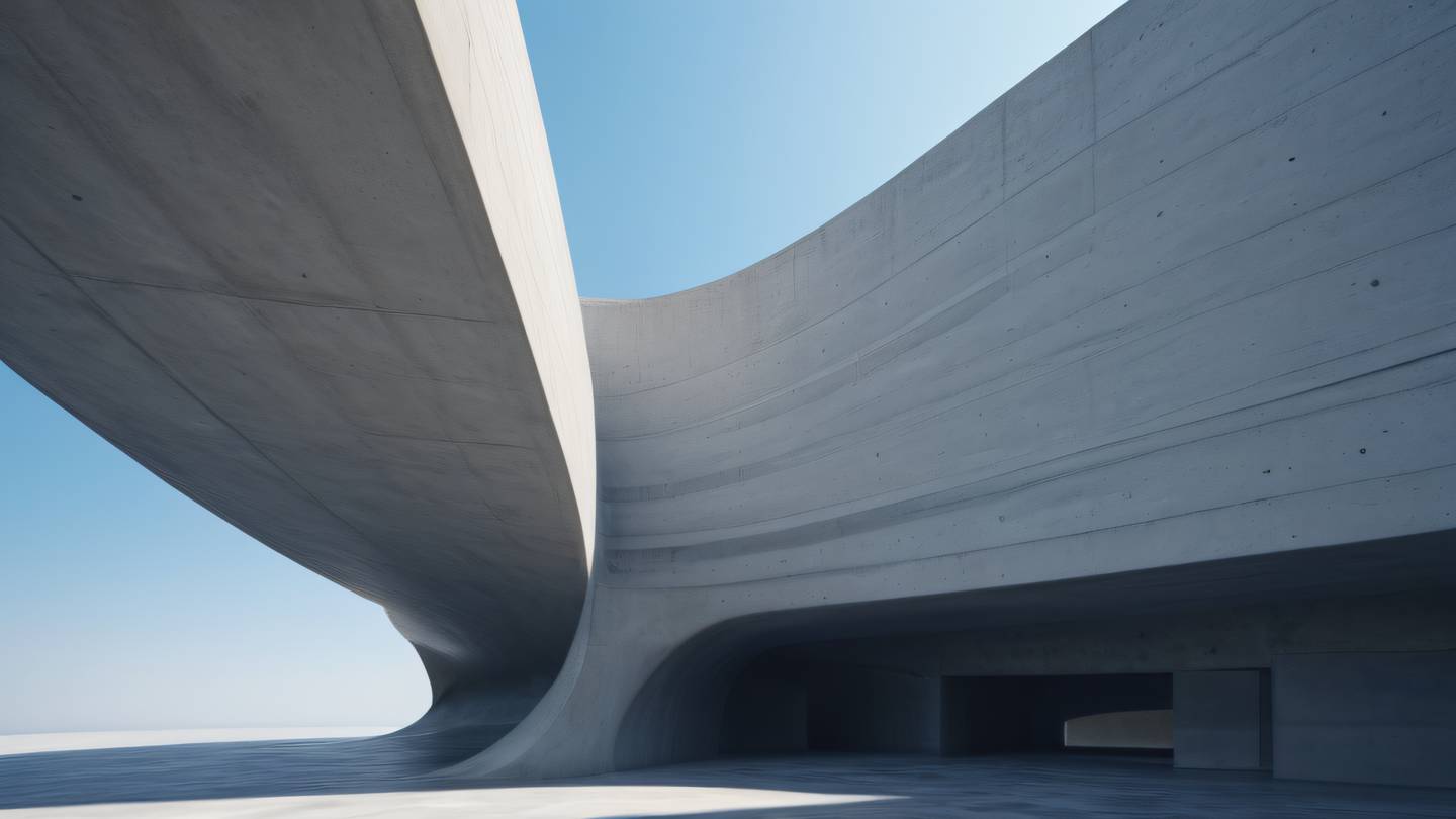 Modern minimalist concrete architecture with curved walls creating flowing shapes sapphire blue tones under natural daylight photographed from low angle perspective high-quality ultra-realistic cinematic 8K UHD high resolution sharp and detail