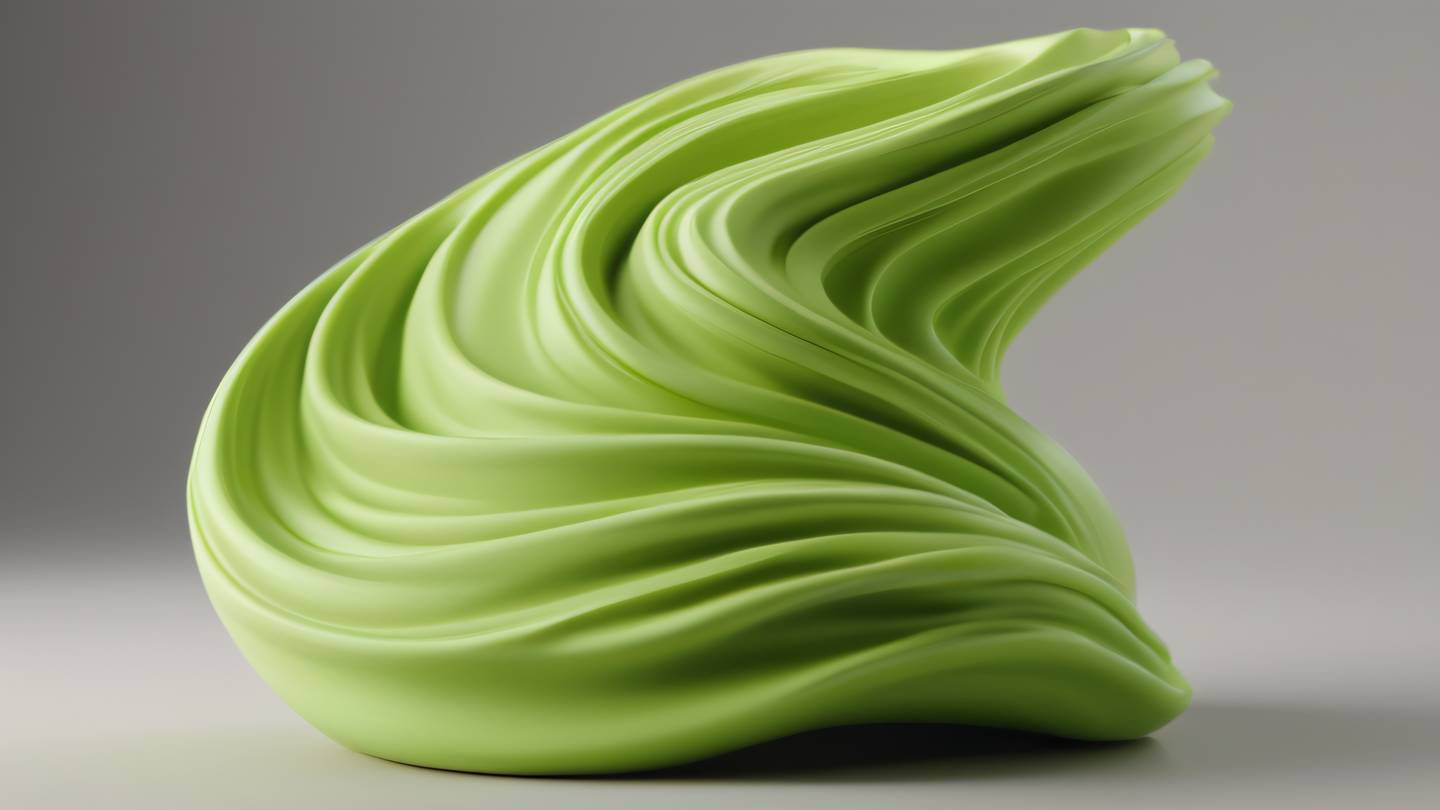 Smooth flowing clay sculpture with interconnected curves and waves lime green color with natural lighting highlights photographed from side angle high-quality ultra-realistic cinematic 8K UHD high resolution sharp and detail