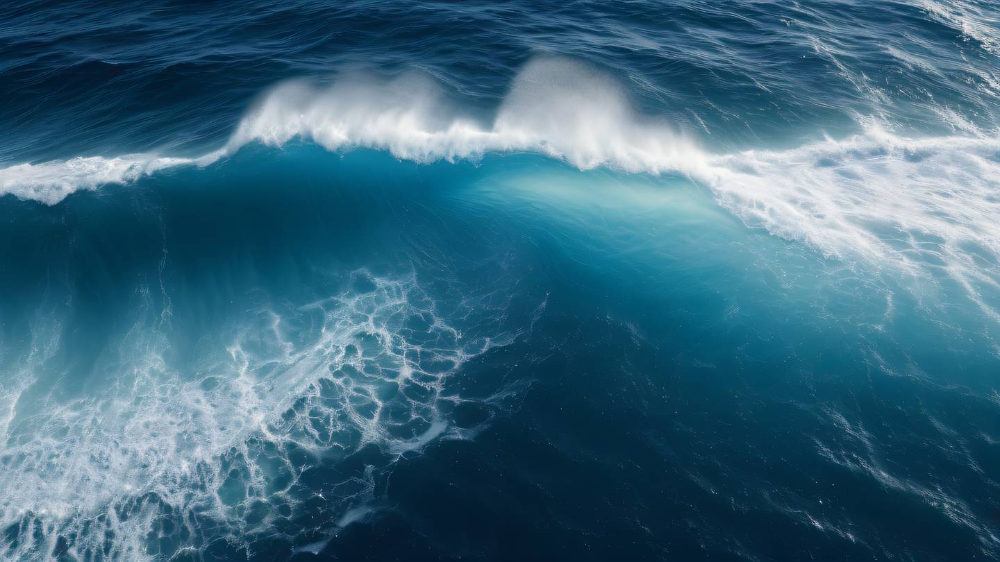 Ocean waves creating geometric patterns viewed from bird's eye perspective indigo blue water contrasting with white foam dramatic lighting high-quality ultra-realistic cinematic 8K UHD high resolution sharp and detail