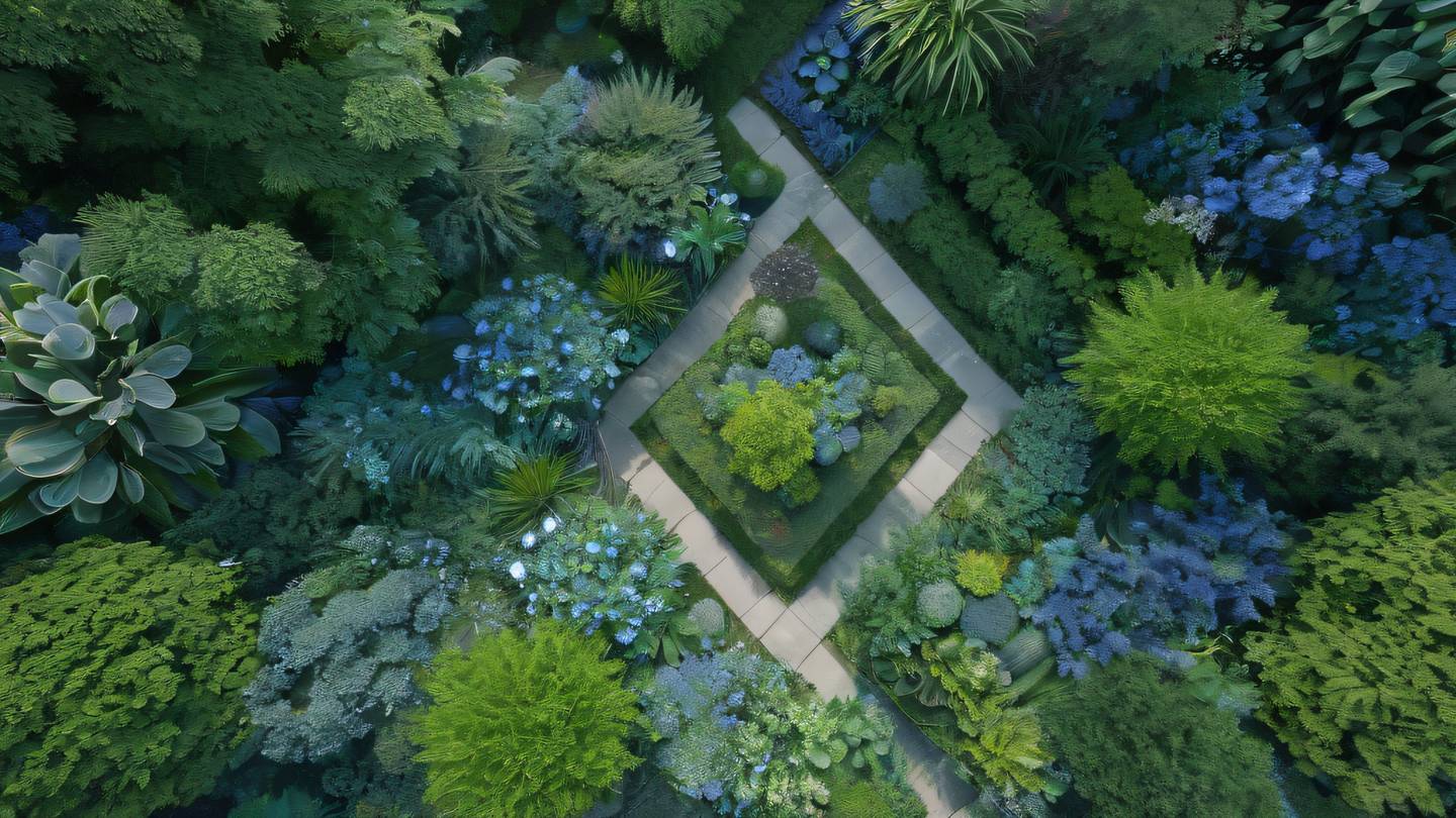A serene modern abstract garden with flowing geometric shapes and dynamic movement patterns featuring light blue and cobalt color palette. Shot from a top-down aerial perspective high-quality ultra-realistic cinematic 8K UHD high resolution sharp and detail