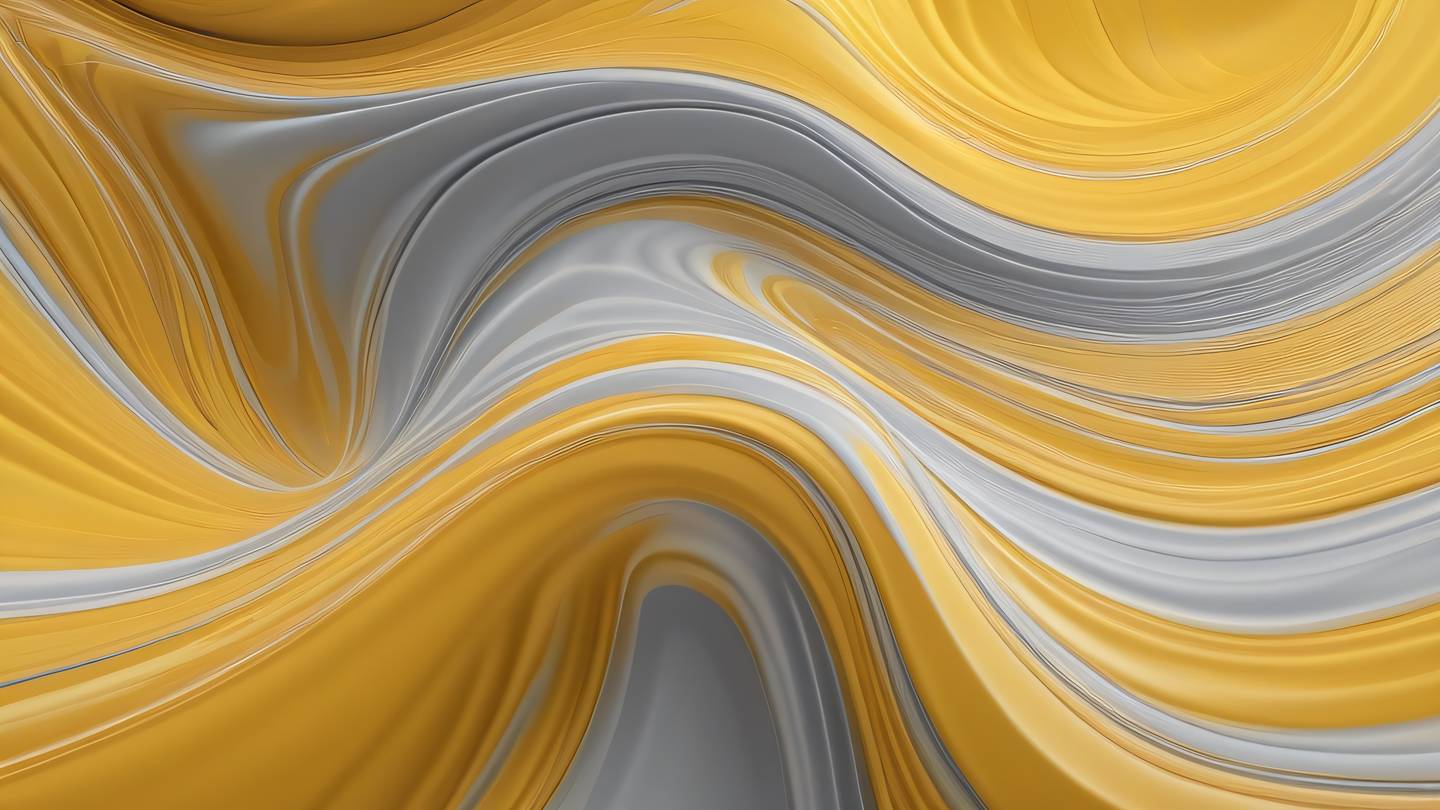 A flowing abstract wave pattern with dynamic fluid motion and smooth gradients in butterscotch yellow and metallic silver colors captured from a top-down perspective high-quality ultra-realistic cinematic 8K UHD high resolution sharp and detail