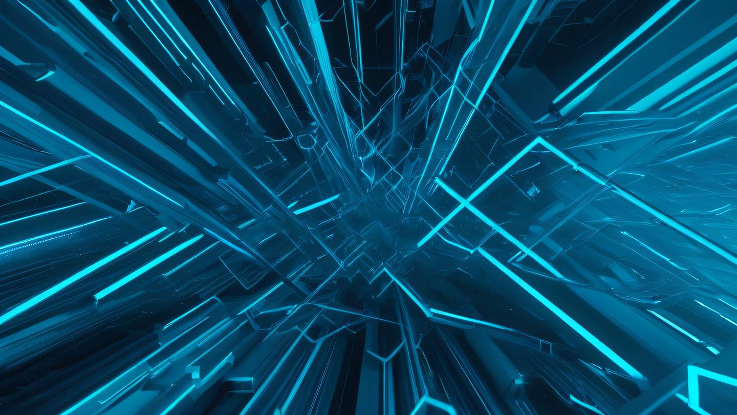 Abstract geometric shapes flowing and intertwining in bright electric blue and cyan colors creating a dynamic testing workflow diagram shot from top-down perspective high-quality ultra-realistic cinematic 8K UHD high resolution sharp and detail