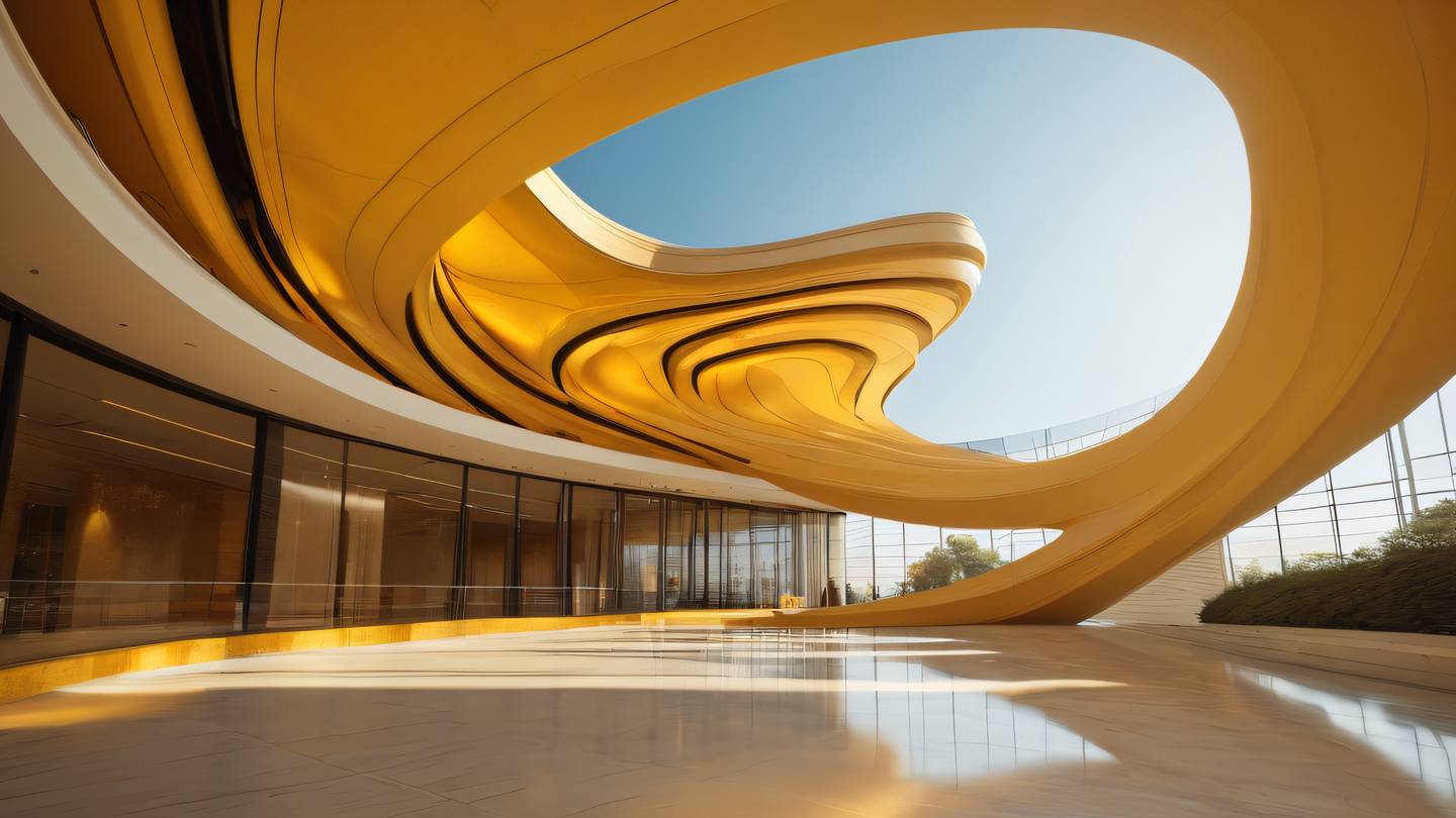 An abstract modern architectural interior with flowing curves and geometric patterns dominated by sunshine yellow and amber tones shot from a low angle perspective looking upward high-quality ultra-realistic cinematic 8K UHD high resolution sharp and detail