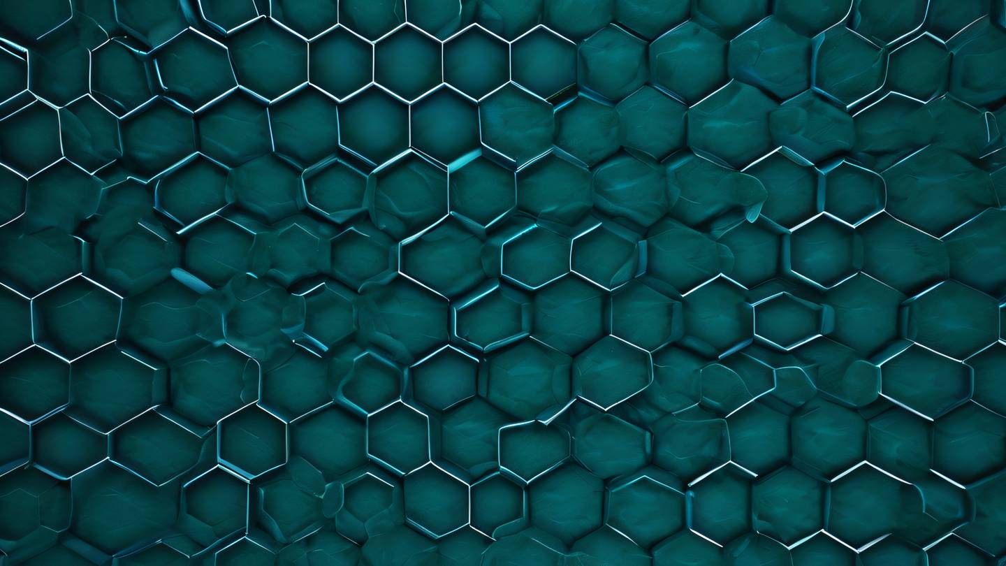 A geometric pattern of interlocking hexagons with smooth gradients featuring sapphire blue and seaweed green captured from a top-down aerial view high-quality ultra-realistic cinematic 8K UHD high resolution sharp and detail