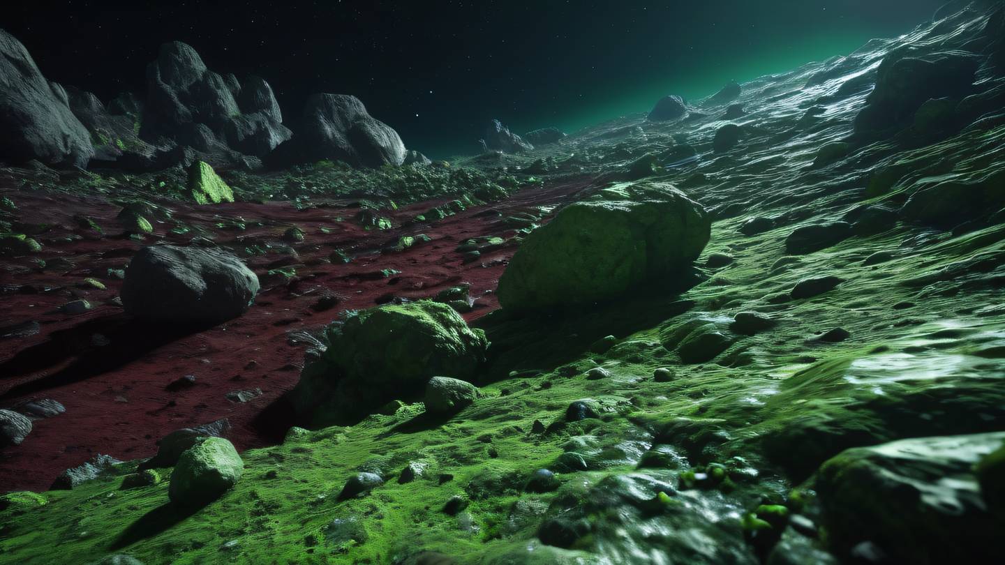 A dramatic rocky asteroid surface with crystalline formations featuring fluorescent green and maroon colors shot from a ground level perspective with strong directional lighting high-quality ultra-realistic cinematic 8K UHD high resolution sharp and detail