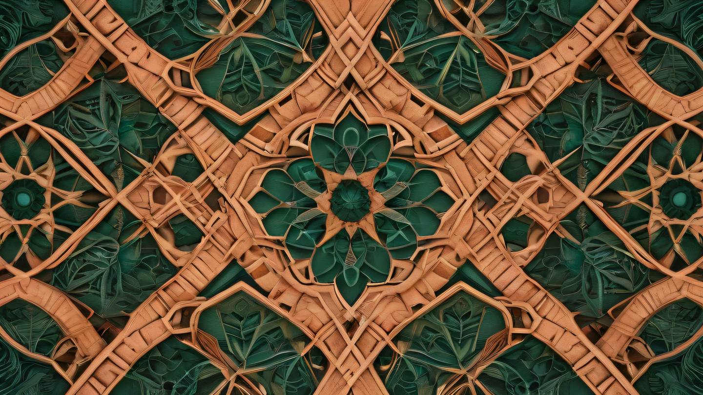 Intricate patterns of interweaving lines and geometric shapes rustic terracotta and forest green color scheme bird's eye view perspective representing the concept of testing patterns and workflows high-quality ultra-realistic cinematic 8K UHD high resolution sharp and detail