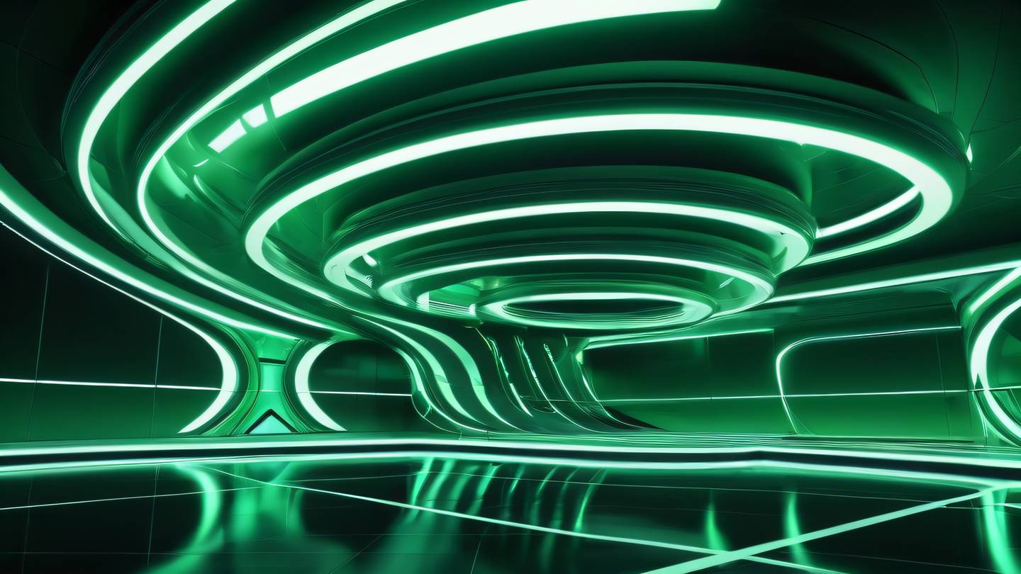 Futuristic architectural structure with seamless flowing curves and clean lines featuring dark green and neon green geometric patterns captured from a low angle perspective emphasizing the height and grandeur high-quality ultra-realistic cinematic 8K UHD high resolution sharp and detail