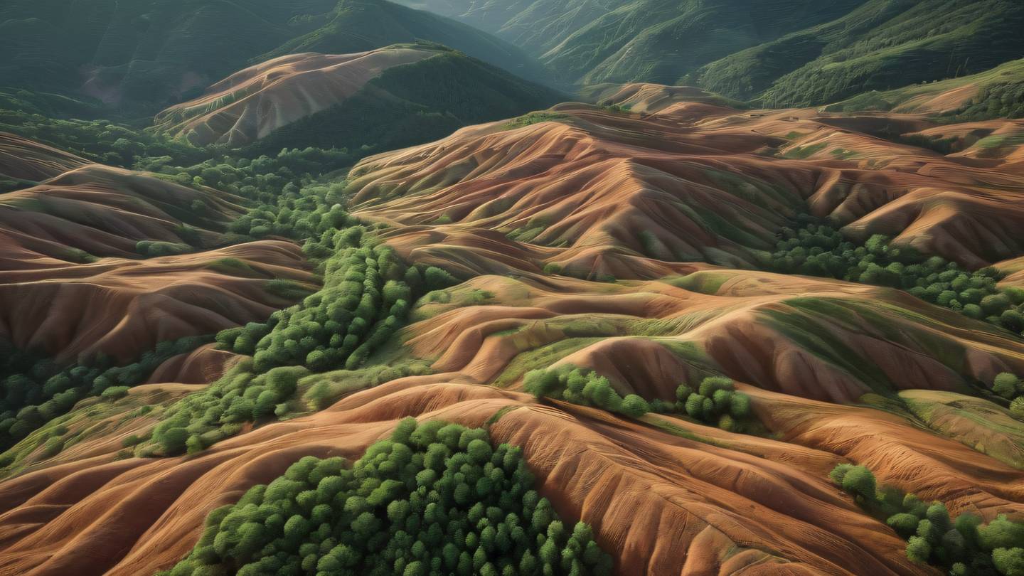 Organic flowing terrain with rolling hills and valleys featuring rustic terracotta and forest green colors creating a natural gradient pattern captured from an aerial perspective high-quality ultra-realistic cinematic 8K UHD high resolution sharp and detail