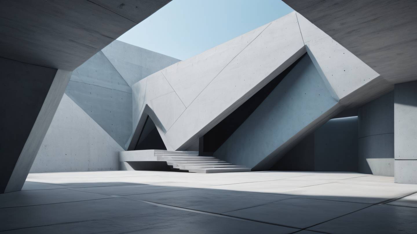 Abstract architectural environment with geometric shapes and clean lines featuring dusty blue concrete and black colors creating a modern minimalist atmosphere captured from a dramatic diagonal perspective high-quality ultra-realistic cinematic 8K UHD high resolution sharp and detail