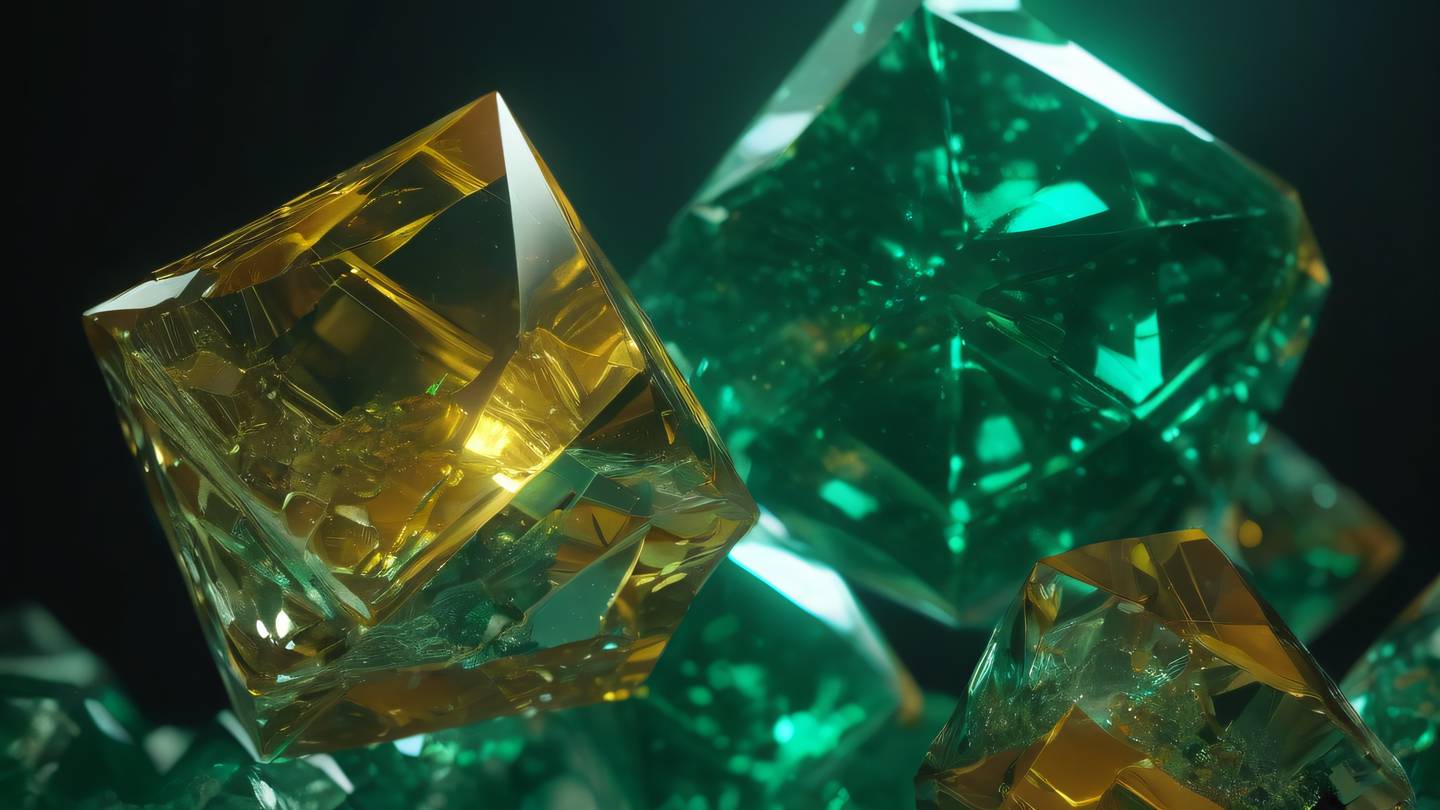 Abstract geometric shapes floating and morphing in space featuring layered translucent crystals with butterscotch yellow and emerald green colors shot from a low angle perspective with dramatic lighting high-quality ultra-realistic cinematic 8K UHD high resolution sharp and detail