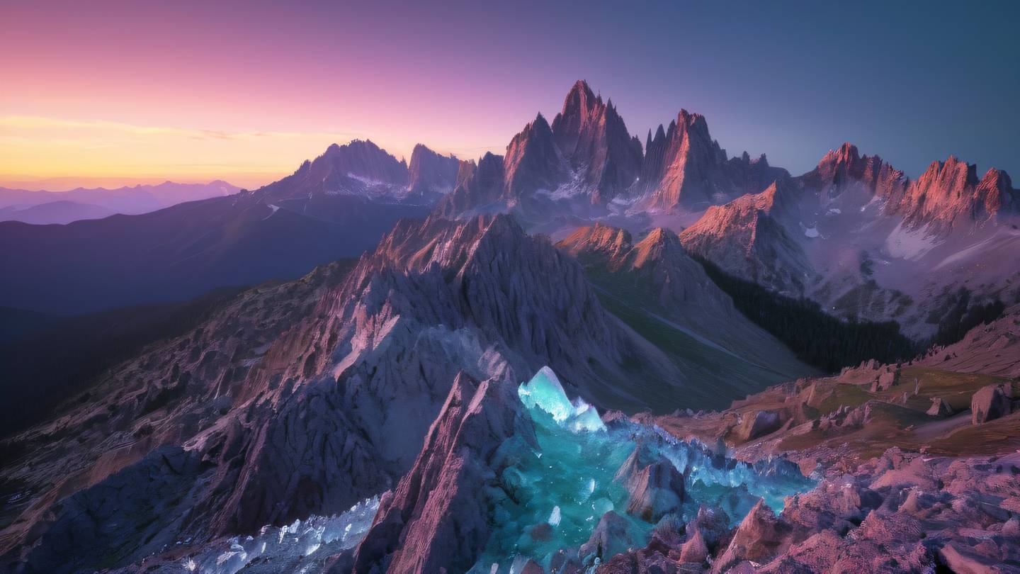Rocky mountain peaks at sunset with crystal formations emerging from the peaks amethyst and emerald colors blending naturally photographed from a diagonal side angle high-quality ultra-realistic cinematic 8K UHD high resolution sharp and detail