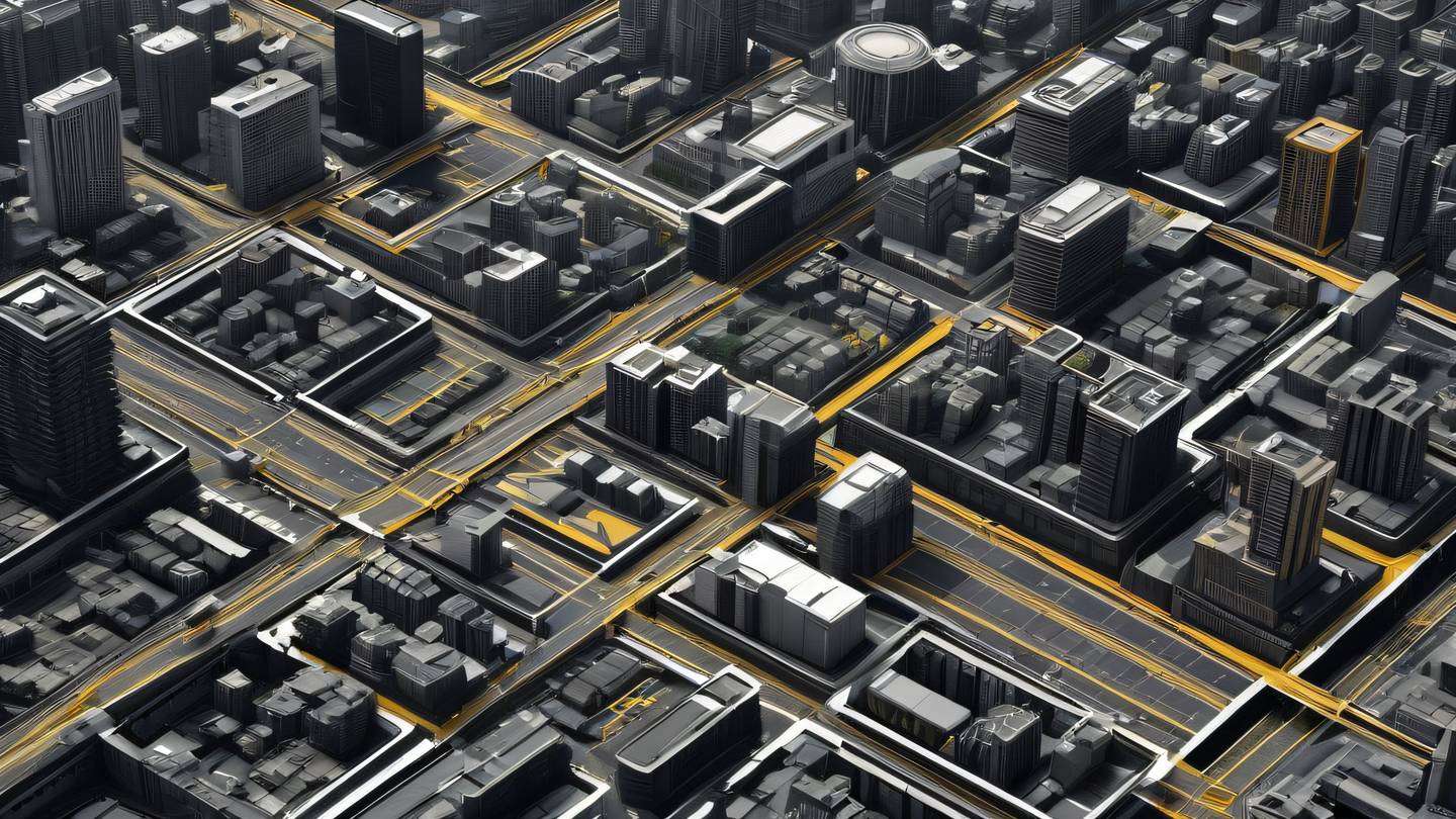 Abstract flowing cityscape with geometric patterns and structures black and white color scheme with hints of butterscotch yellow accents photographed from an isometric angle high-quality ultra-realistic cinematic 8K UHD high resolution sharp and detail