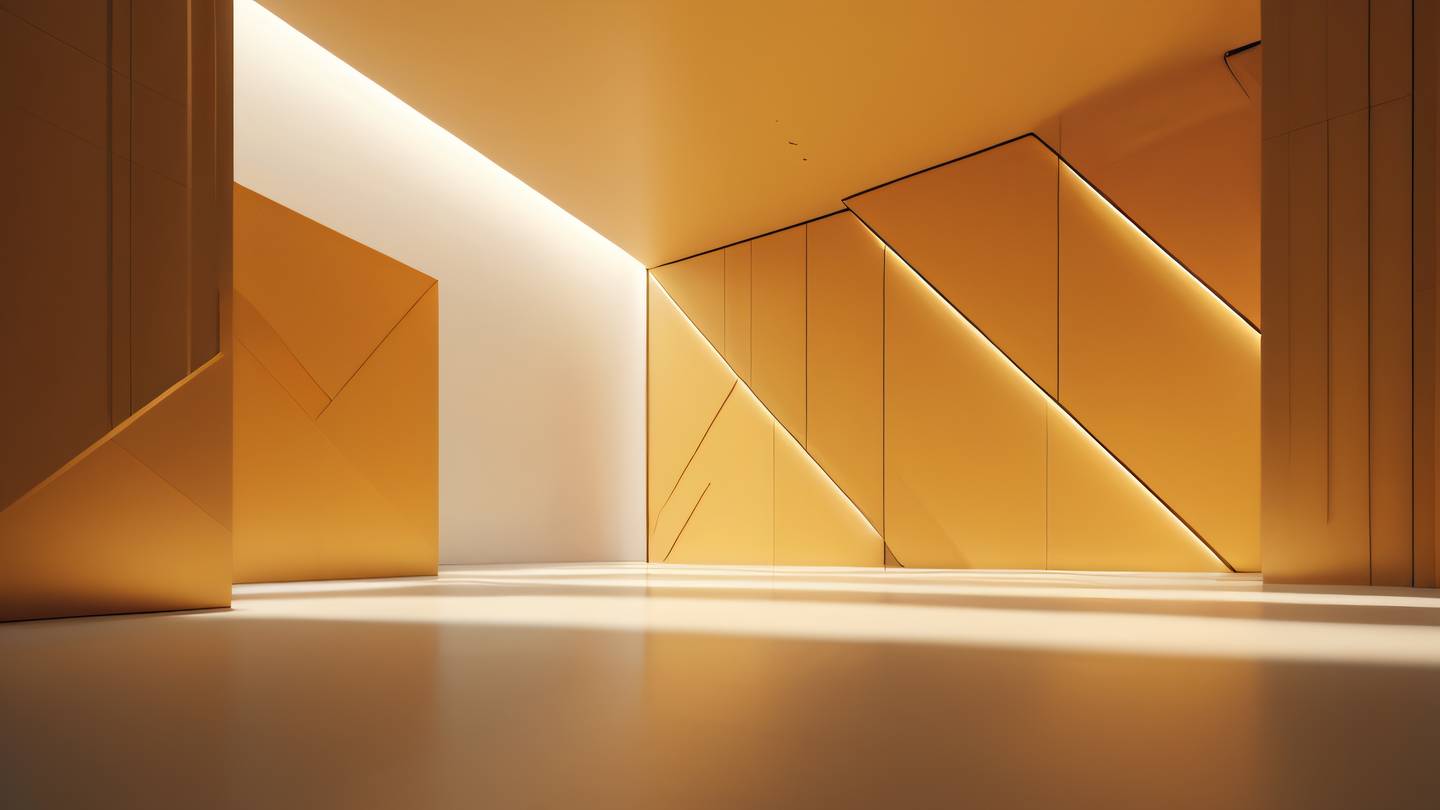 Modern minimalist design studio interior with abstract geometric shapes and floating panels bright amber and gold tones soft shadows dramatic side lighting shot from low angle perspective high-quality ultra-realistic cinematic 8K UHD high resolution sharp and detail