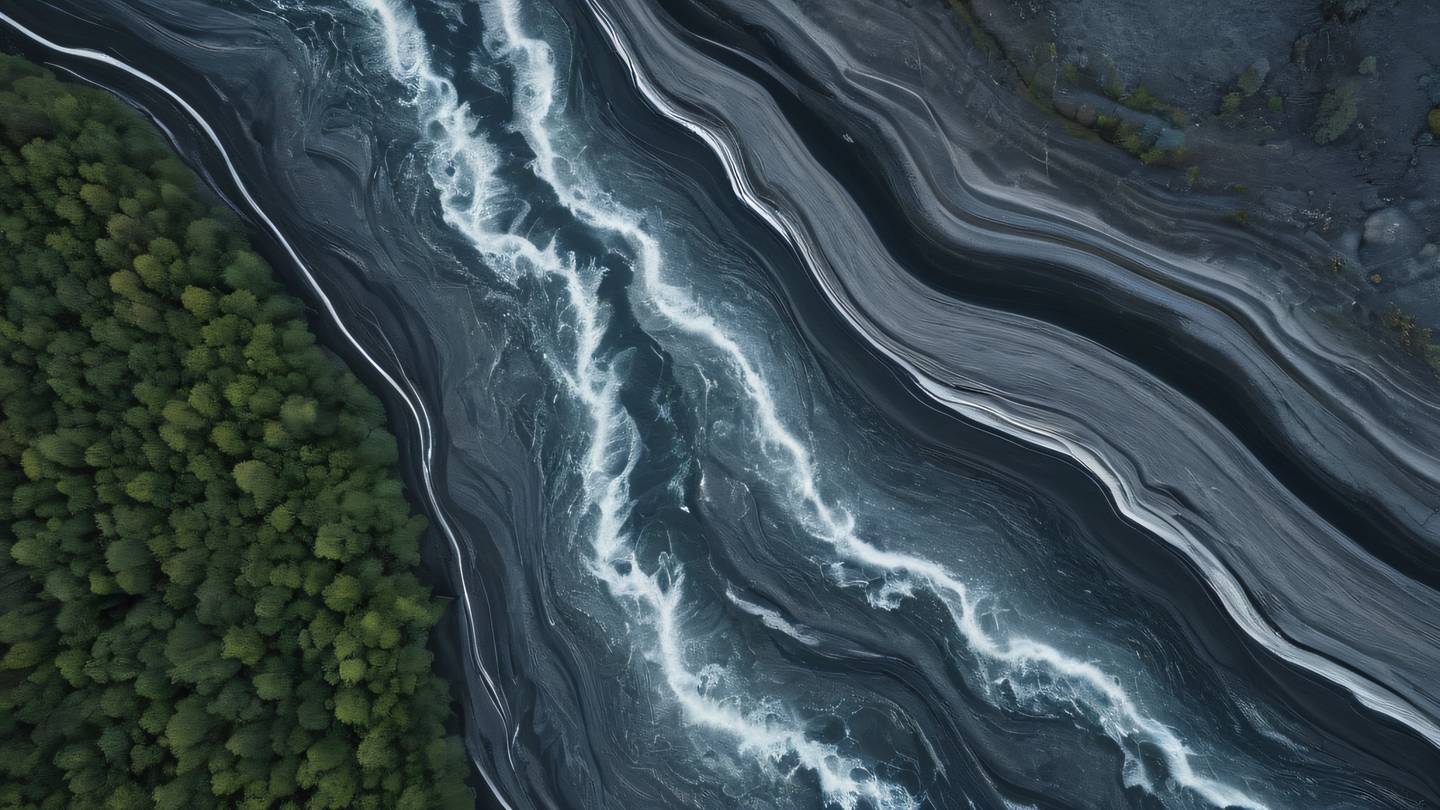 Aerial view of abstract patterns in nature featuring flowing water meeting land shot from directly above gray and silver tones with bright highlights natural textures and patterns high-quality ultra-realistic cinematic 8K UHD high resolution sharp and detail