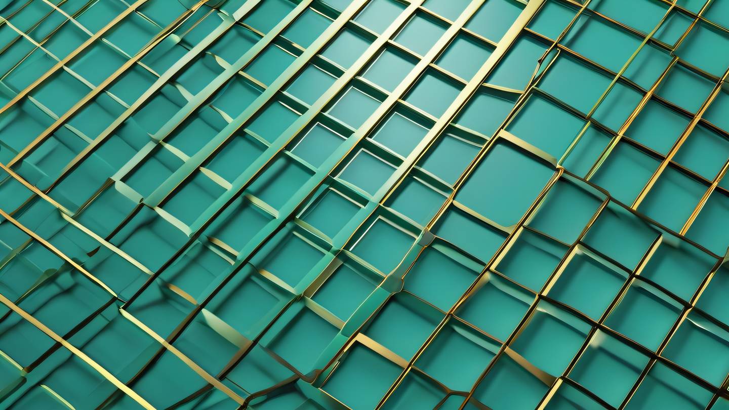 A minimalist abstract geometric composition showing flowing grid patterns in bright natural colors - turquoise sage green and sunlit gold. Clean lines merge into organic shapes suggesting form structure and data flow. Shot from top-down perspective with dramatic lighting high-quality ultra-realistic cinematic 8K UHD high resolution sharp and detail