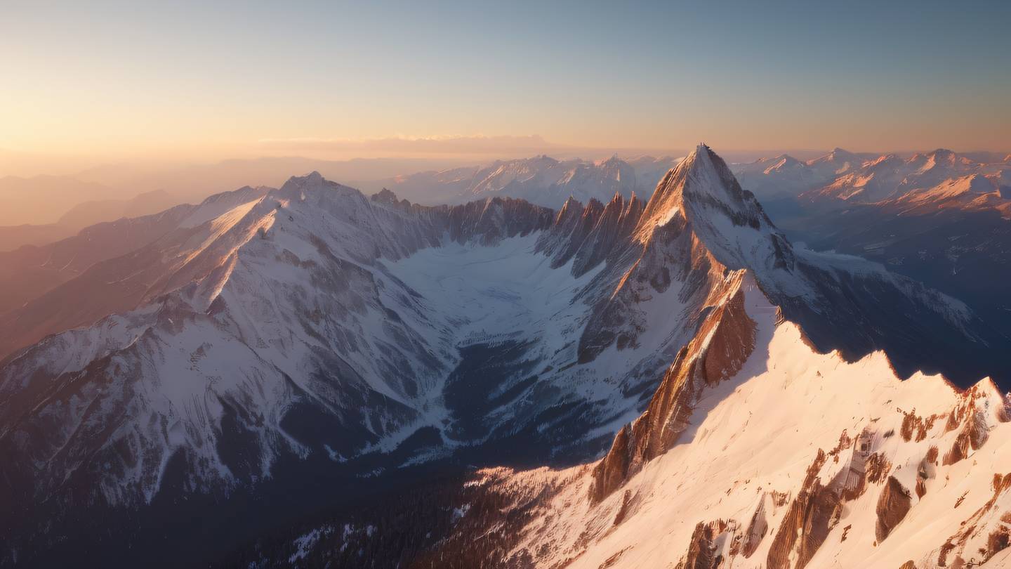 Crystalline mountain peaks covered in pristine snow bathed in warm orange and amber light during golden hour. Captured from a distant vantage point showing the majestic scale. High-quality ultra-realistic cinematic 8K UHD high resolution sharp and detail