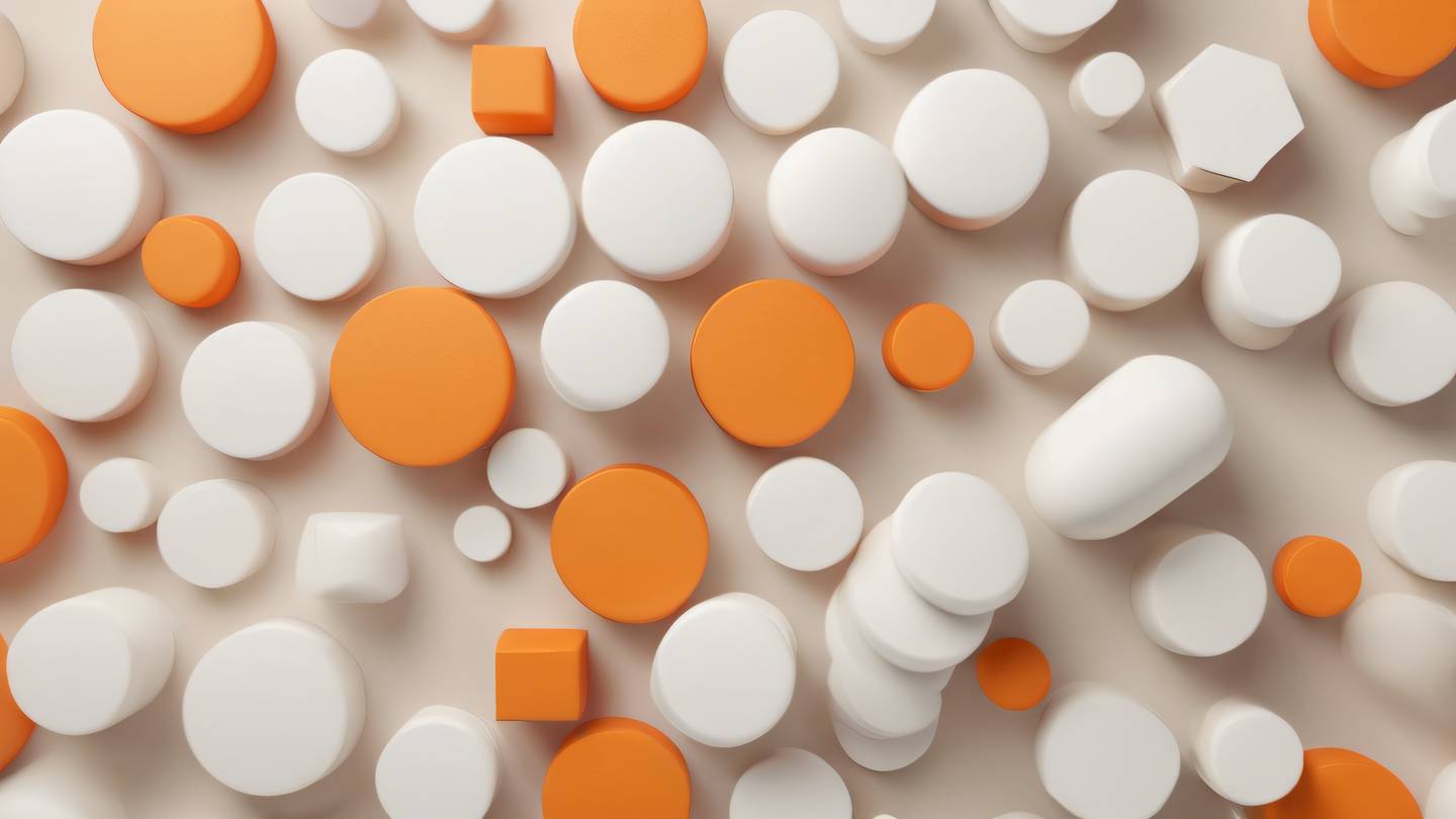 Abstract geometric shapes representing modular components floating in space with soft gradients. Color palette: creamy whites and warm orange tones blending seamlessly. Camera angle: Top-down aerial perspective ultra-realistic cinematic 8K UHD high resolution sharp and detail