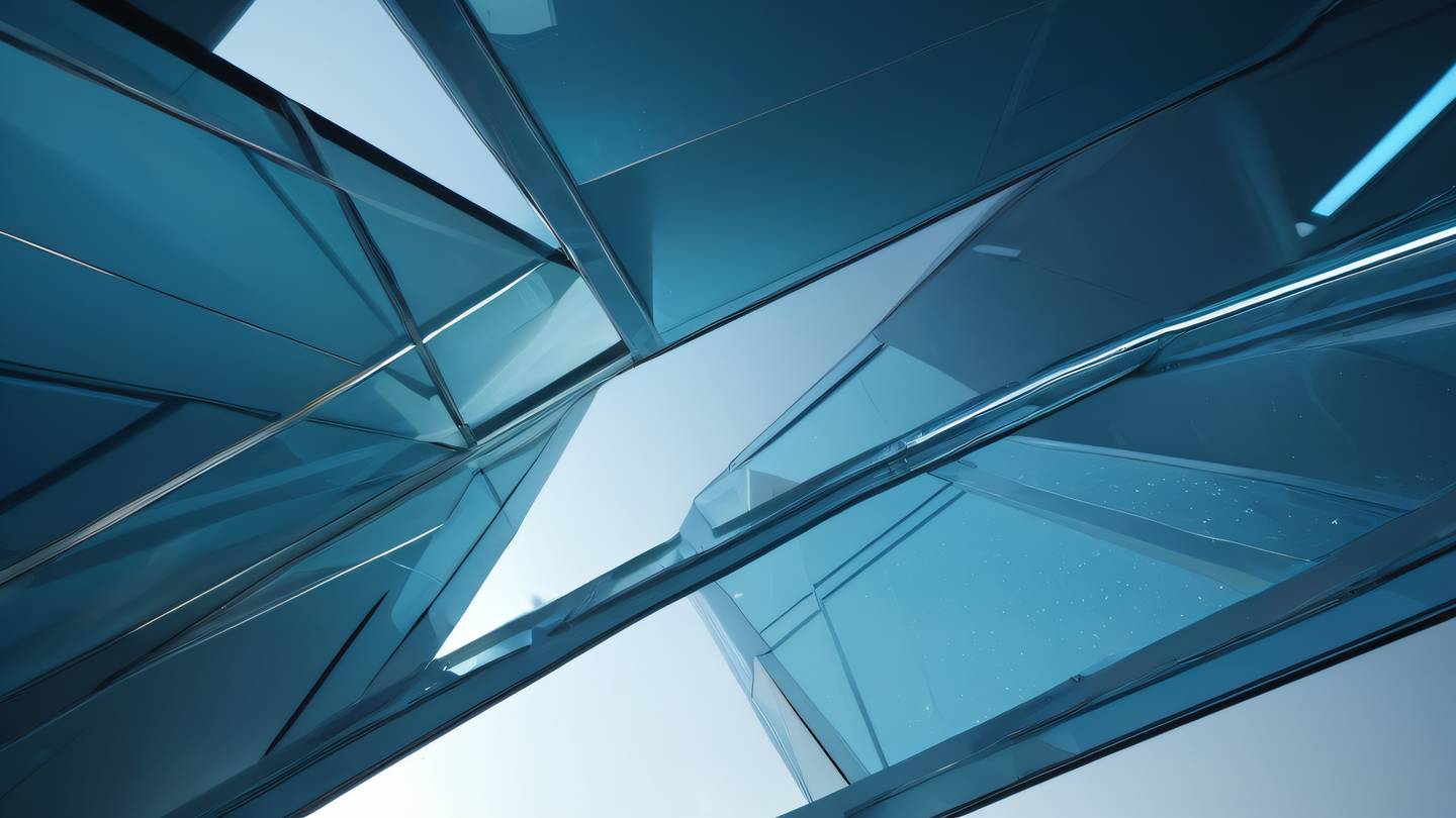 Modern abstract geometric shapes floating in space with sharp angles and clean lines featuring breezeway blue and etched glass colors viewed from a low angle perspective high-quality ultra-realistic cinematic 8K UHD high resolution sharp and detail