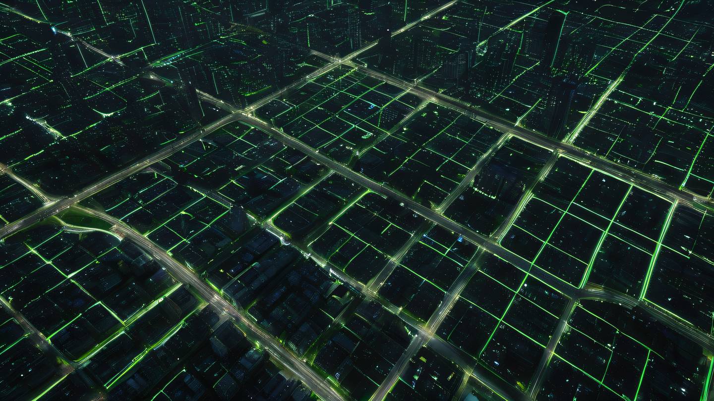 Dynamic cityscape viewed from a high vantage point with intricate grid patterns of streets and highways illuminated by bright green against black night sky ultra-realistic cinematic 8K UHD high resolution sharp detail bird's eye view