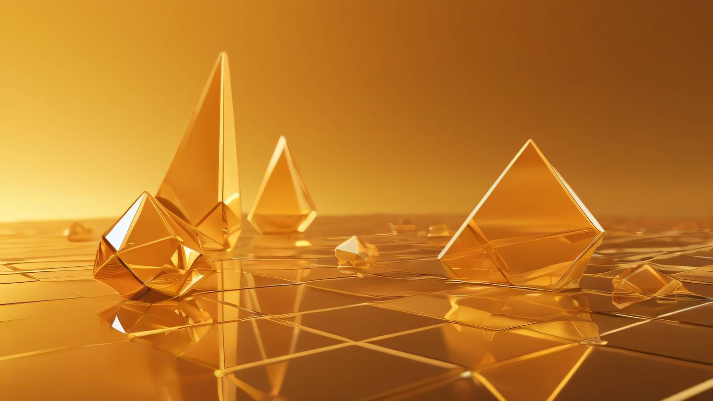 Elegant abstract composition with floating geometric shapes in bright gold and orange gradients featuring crystalline reflections and smooth transitions high-quality ultra-realistic cinematic 8K UHD sharp detail