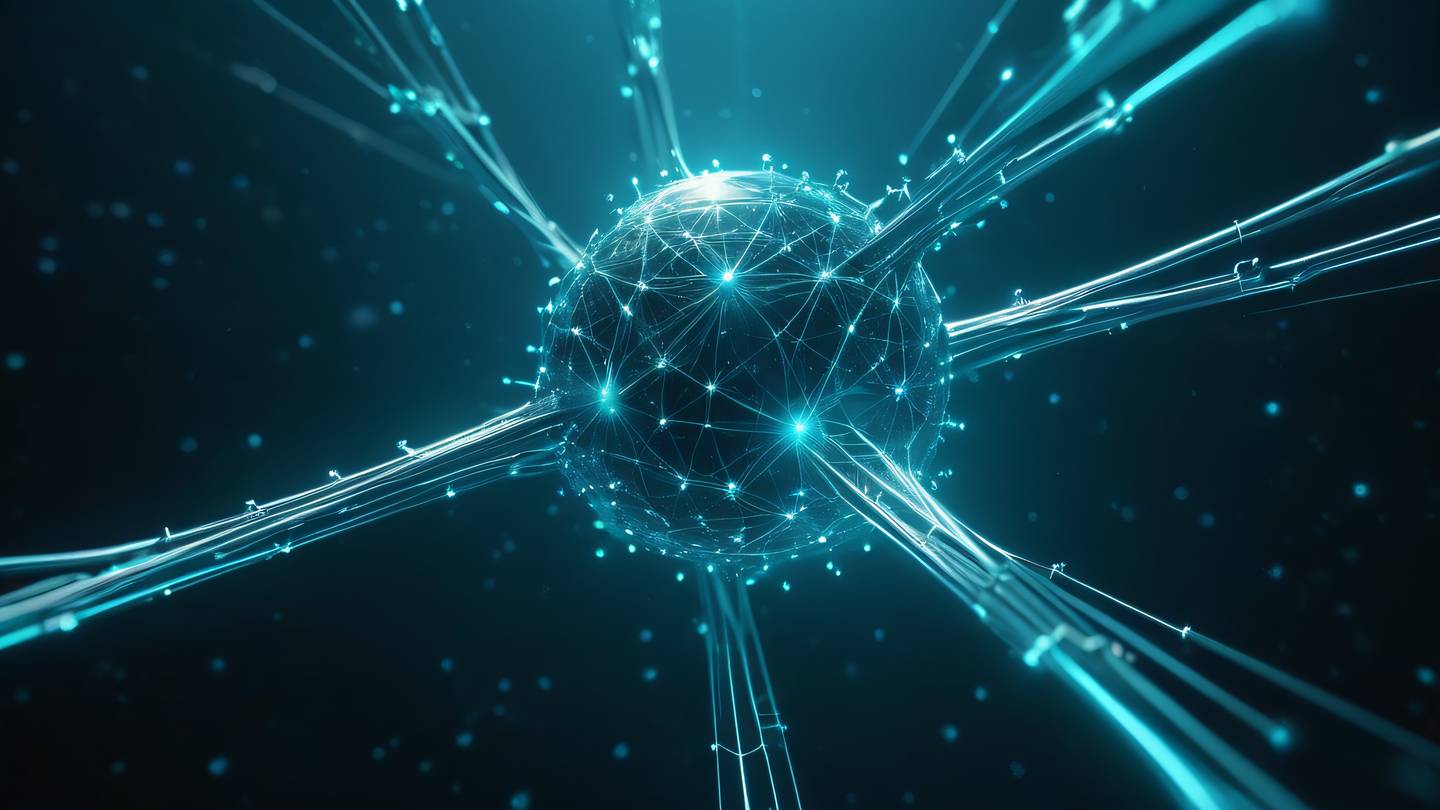 A futuristic digital network web structure floating in space with glowing nodes connected by flowing energy lines in turquoise blue and metallic silver ultra-realistic cinematic 8K high resolution sharp and detail
