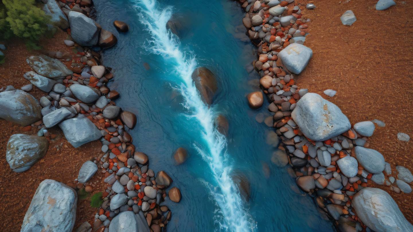 A smooth flowing stream cascading over colorful rocks bright blue water contrasting with red and orange stones aerial view natural lighting ultra-realistic cinematic 8K UHD high resolution sharp and detailed
