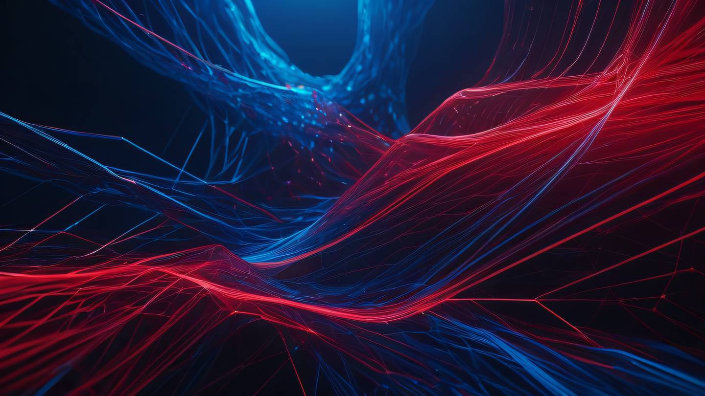 Abstract geometric shapes flowing and connecting in bright red and electric blue colors representing data flow and connectivity minimal style ultra-realistic cinematic 8K UHD high resolution sharp and detailed