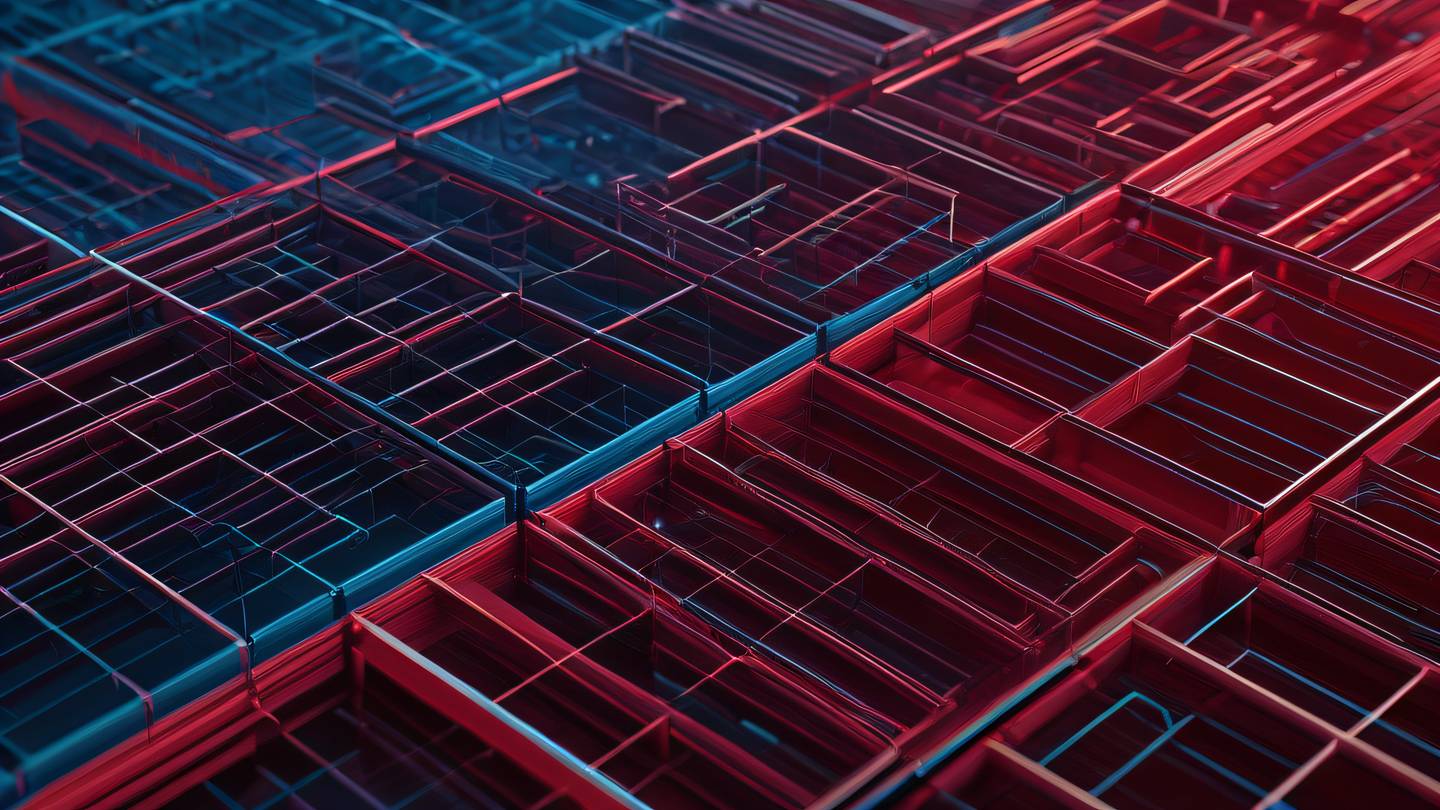 Vibrant geometric patterns in ruby red and azure creating an abstract representation of organized data structures with flowing lines suggesting smooth form submission high-quality ultra-realistic cinematic 8K sharp and detailed