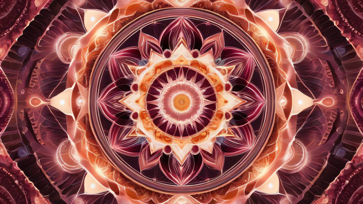 Sacred geometry patterns in bright natural and rose colors with crystalline formations creating an intricate mandala-like structure flowing energy waves connecting elements ultra-realistic cinematic 8K UHD high resolution sharp and detail