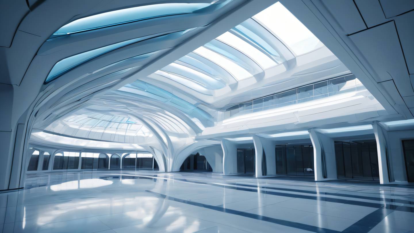 A futuristic architectural structure with flowing curved lines and glass panels bathed in whisper white and breezeway blue colors featuring geometric patterns that suggest connectivity and structure. Shot from a low angle perspective with dramatic lighting. high-quality ultra-realistic cinematic 8K UHD high resolution sharp and detail