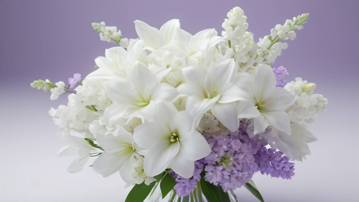 White flower bouquet arranged in a geometric pattern with lilac gradient and whisper white colors creating a soft ethereal atmosphere. Photographed from a diagonal 45-degree angle for depth and dimension. high-quality ultra-realistic cinematic 8K UHD high resolution sharp and detail