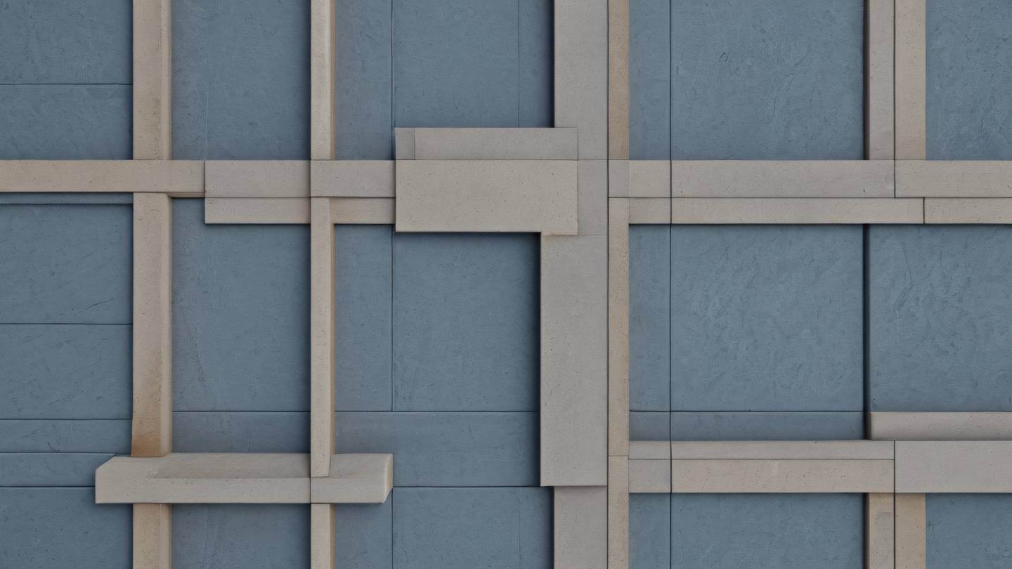 An abstract geometric pattern representing structure and order featuring interlocking shapes and clean lines in stone gray slate blue and bright sand colors. Shot from directly above with precise symmetry. High-quality ultra-realistic cinematic 8K UHD high resolution sharp and detail