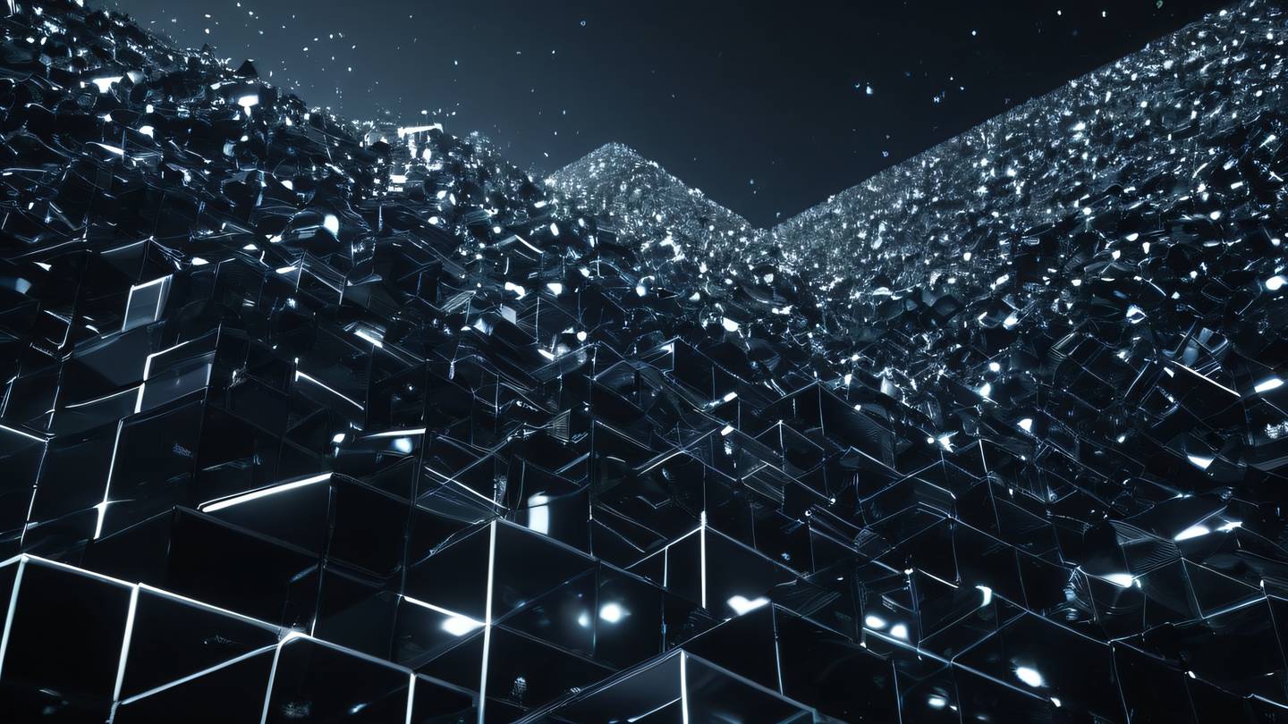 Abstract crystalline structures representing data validation and structure featuring silver and bright black gradient colors. Captured from a low angle perspective looking up. High-quality ultra-realistic cinematic 8K UHD high resolution sharp and detail