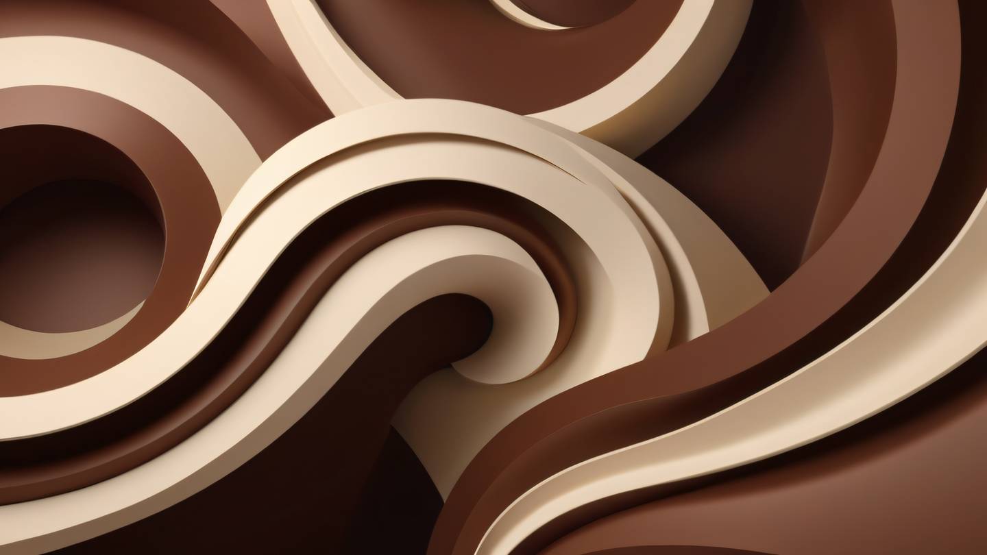 A minimalist abstract composition of flowing geometric shapes and curved lines in rich brown mahogany and cream colors captured from a top-down perspective suggesting transformation and evolution high-quality ultra-realistic cinematic 8K UHD high resolution sharp and detail